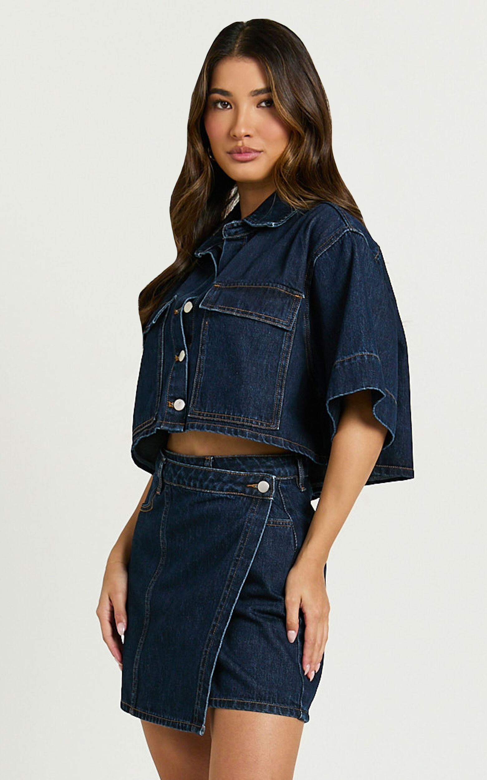 Katherine Mini Skirt - Cross Front Recycled Denim Skirt in Dark Blue Wash