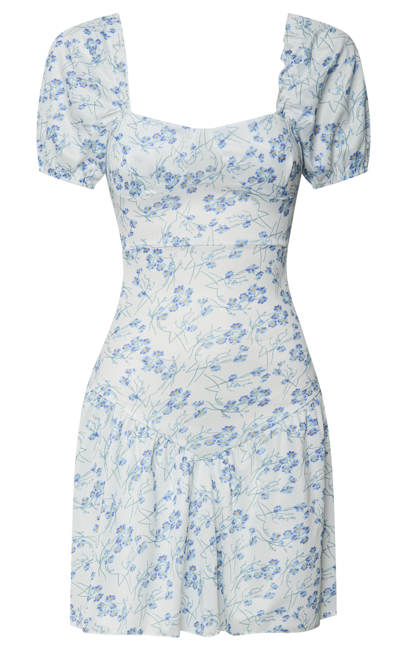 Norma Mini Dress - Sweetheart Short Puff Sleeve Fit and Flare Dress in Floral Print