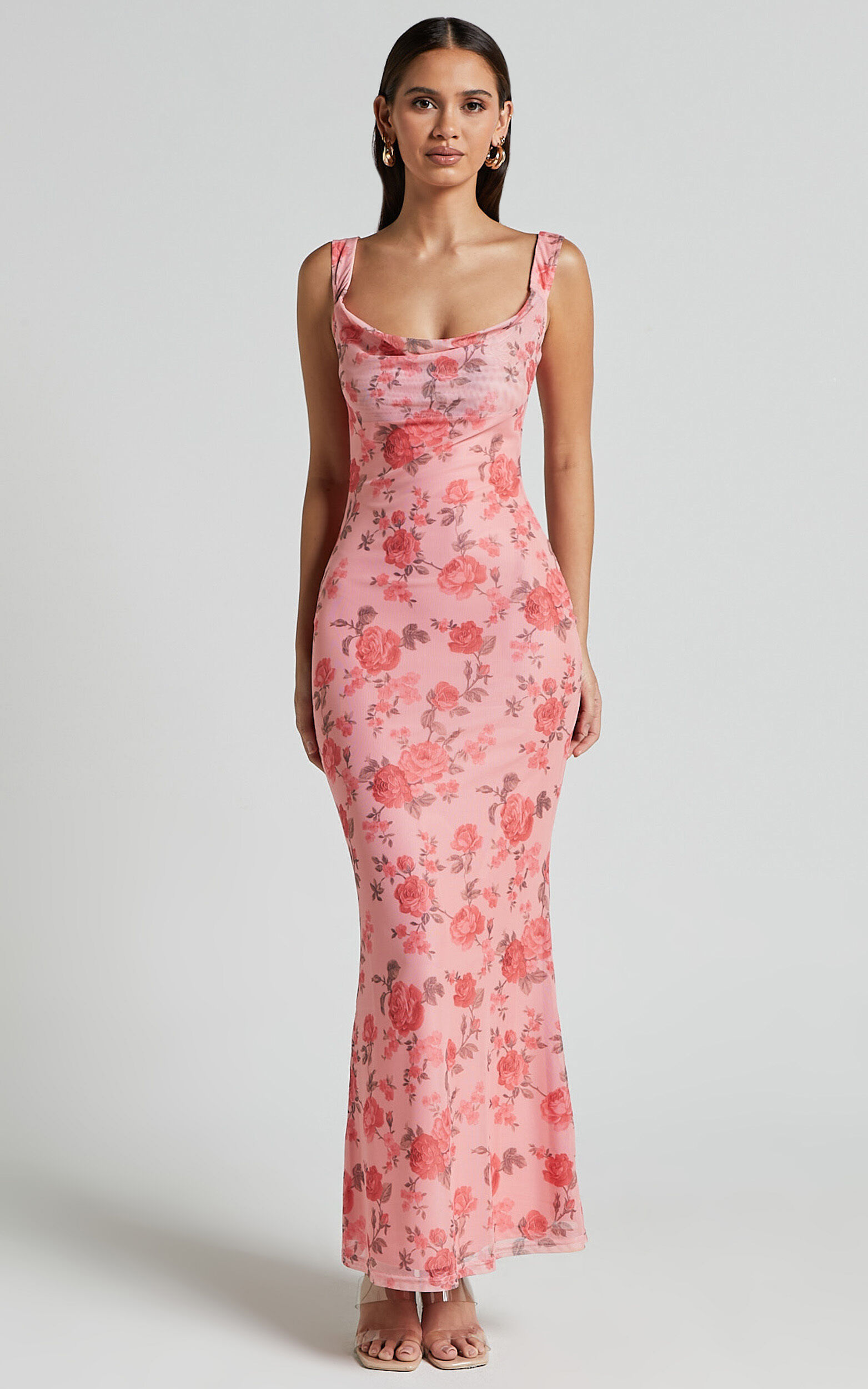 Nadine Maxi Dress - Cowl Neck Low Back Mesh Slip Dress in Pink Floral