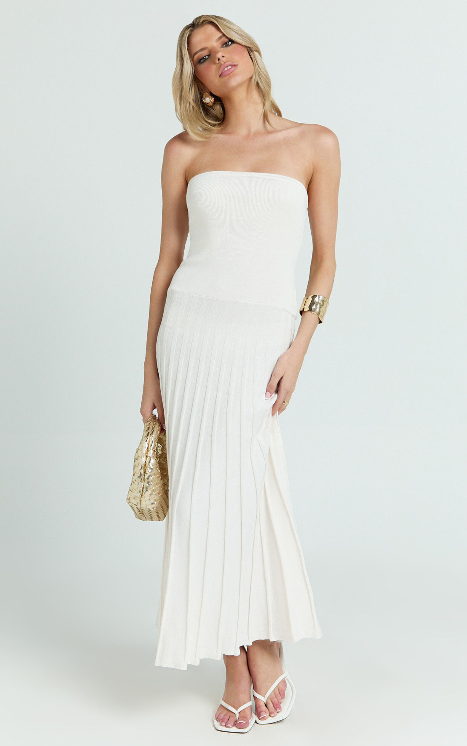 Paris Midi Dress - Strapless Drop Waist Pleated Knit Dress in White