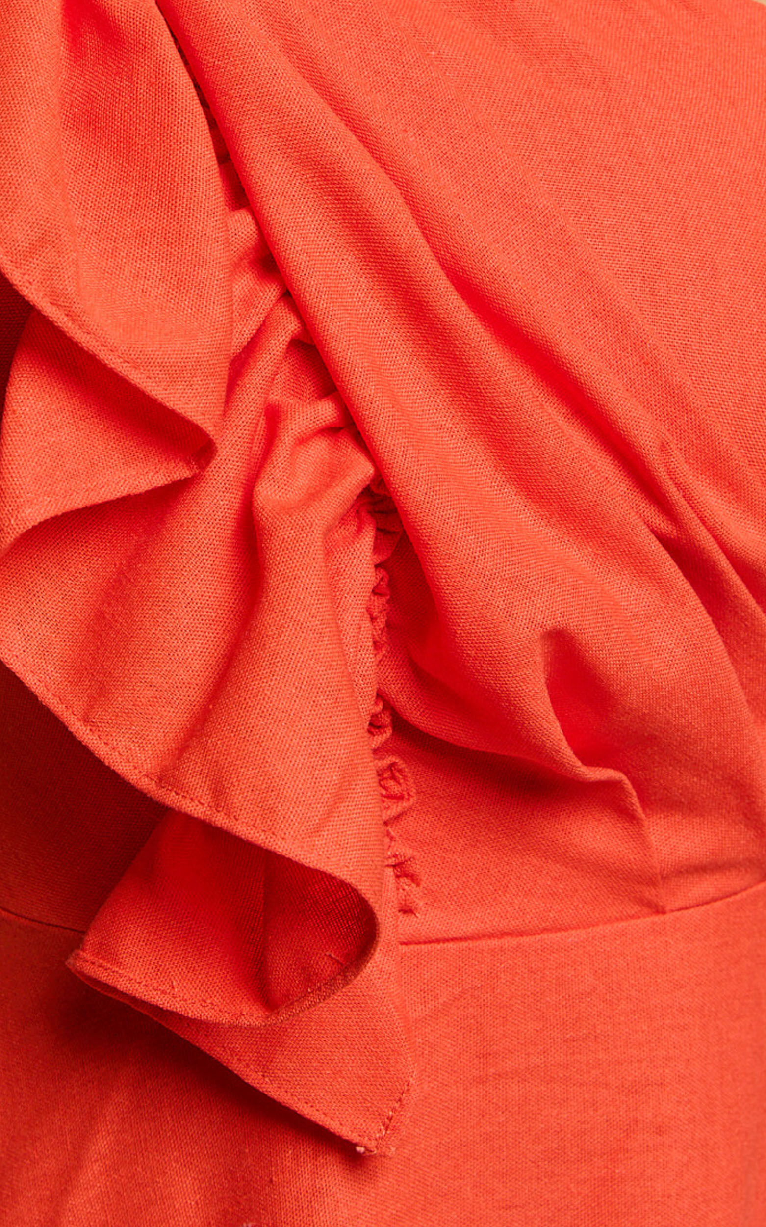 Dixie Midi Dress - Linen Look One Shoulder Ruffle Dress in Red Orange