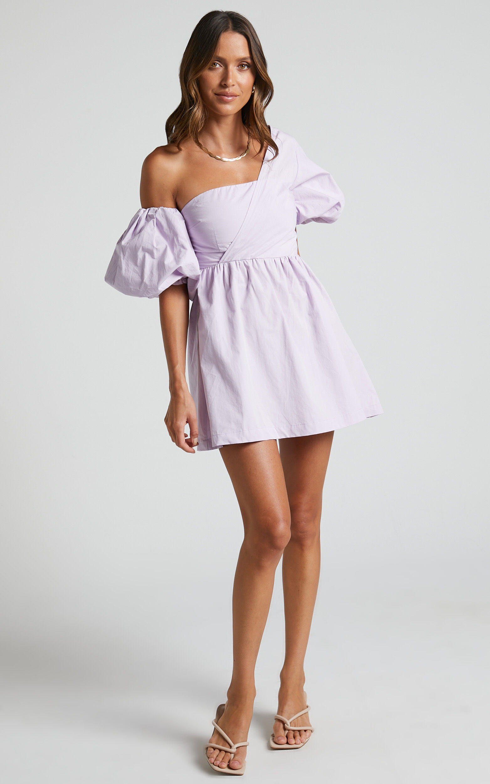 Sula Mini Dress - Asymmetric Off One Shoulder Puff Sleeve Dress in Lilac