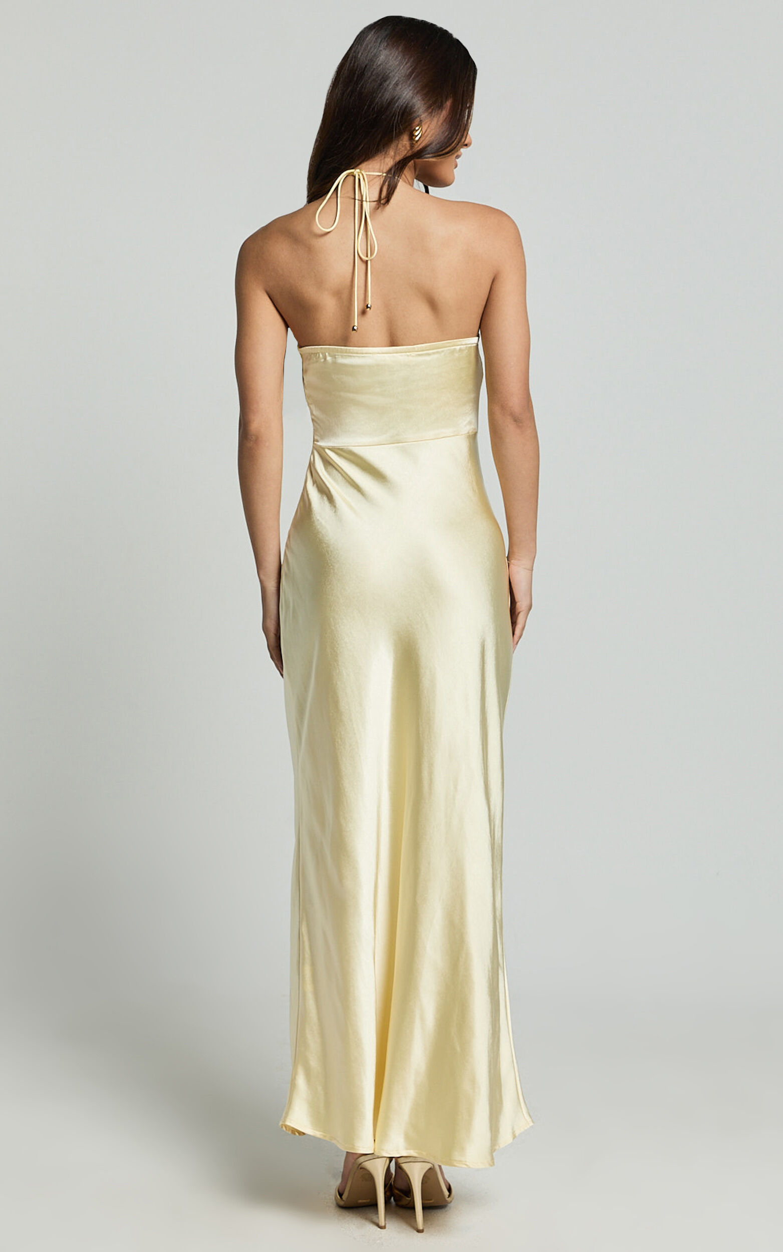 Keithy Midi Dress - Rosette Halter Neck Slip Dress in Lemon