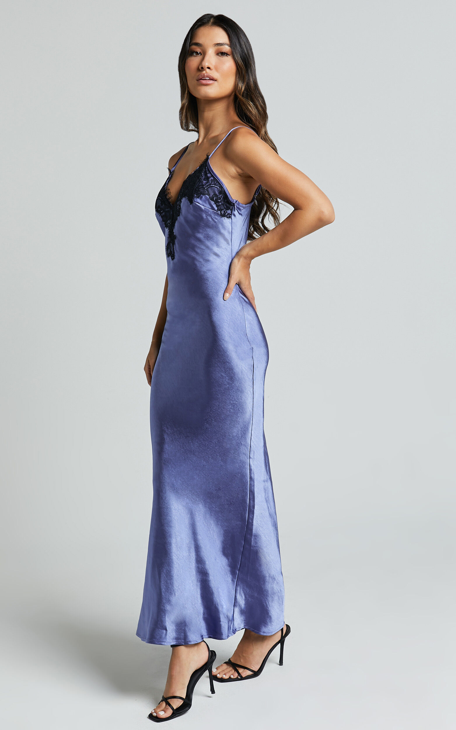 Ofeliya Midi Dress - Lace Trim Satin Slip Dress in Cornflower Blue