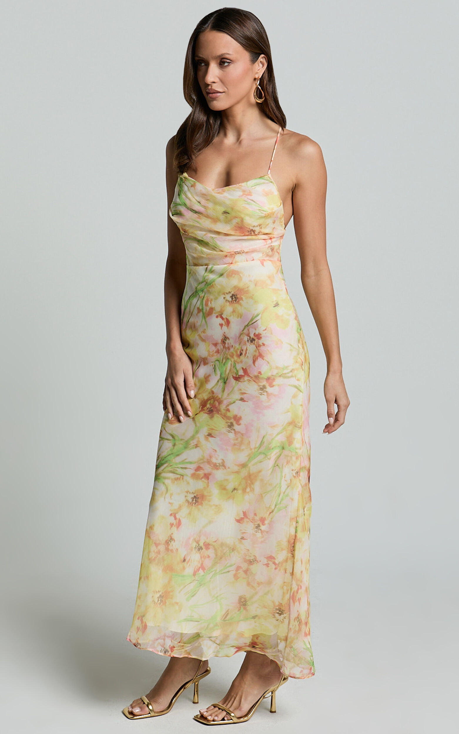 Alessa Midi Dress - Tie Strap Cowl Neck Slip Dress in Yelllow Floral Print