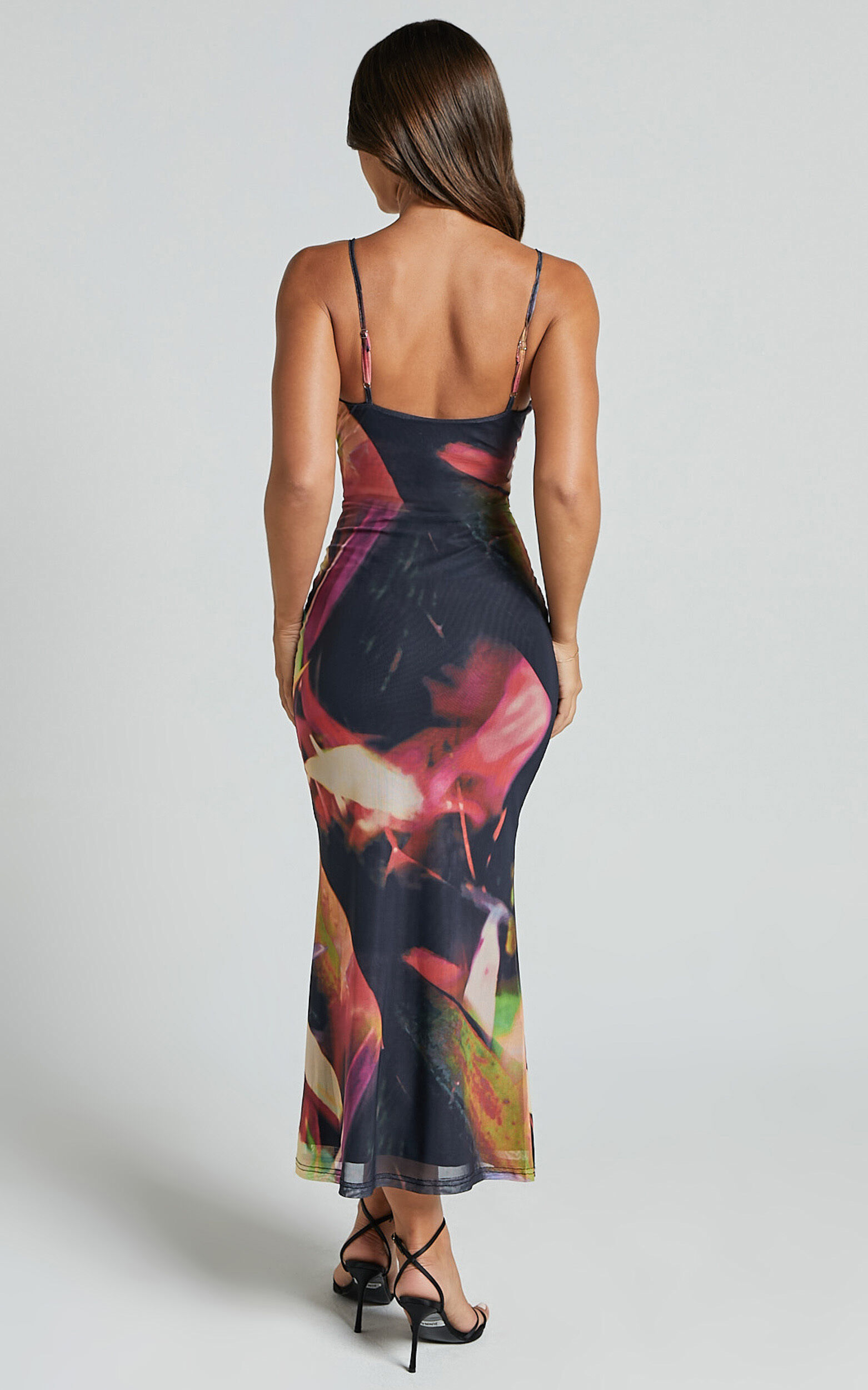 Rashida Midi Dress - V Neck Mesh Printed Dress in Floral Blur