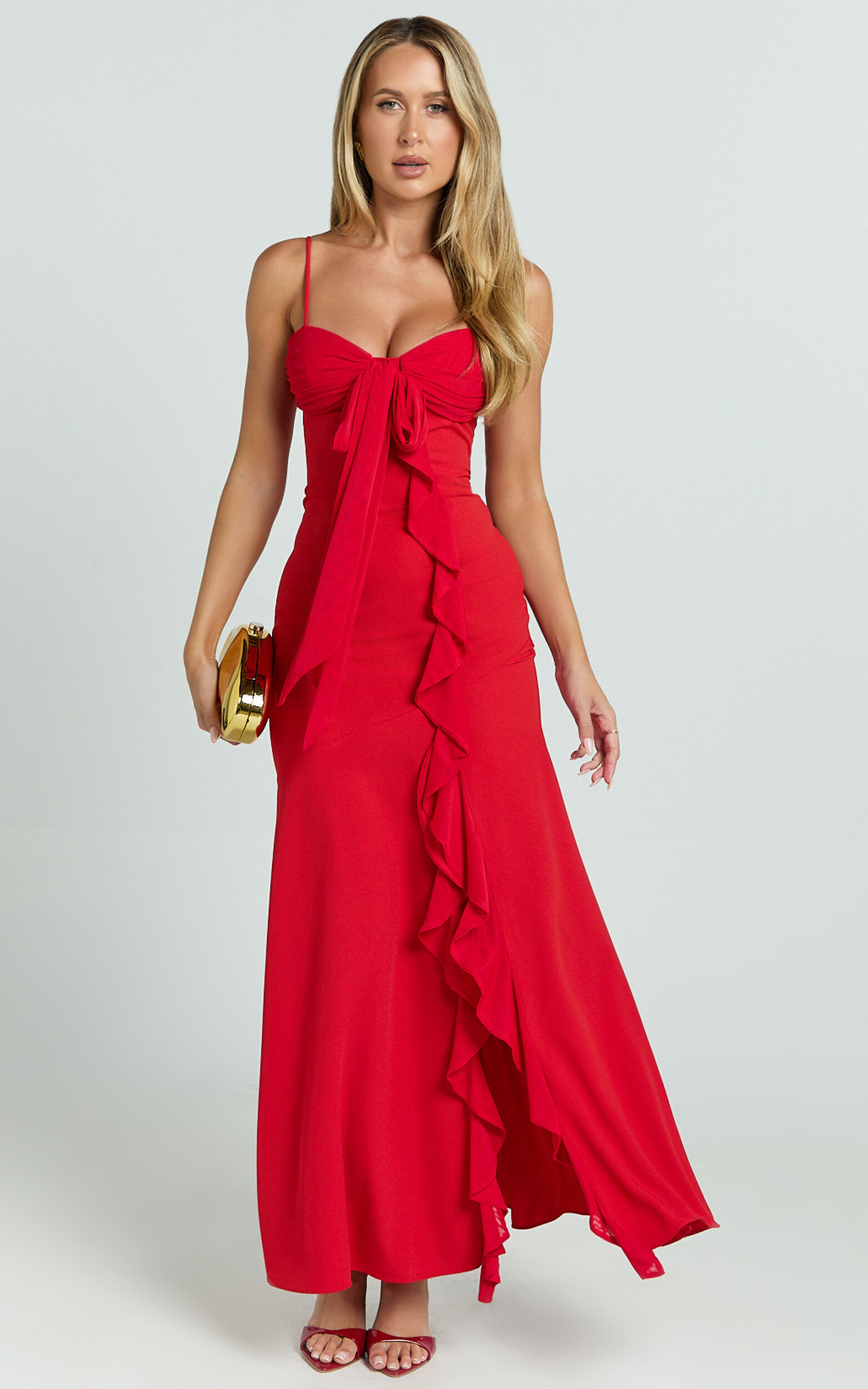 Lacie Maxi Dress - V Neck Bias Cut Ruffle Tie Front Dress in Red