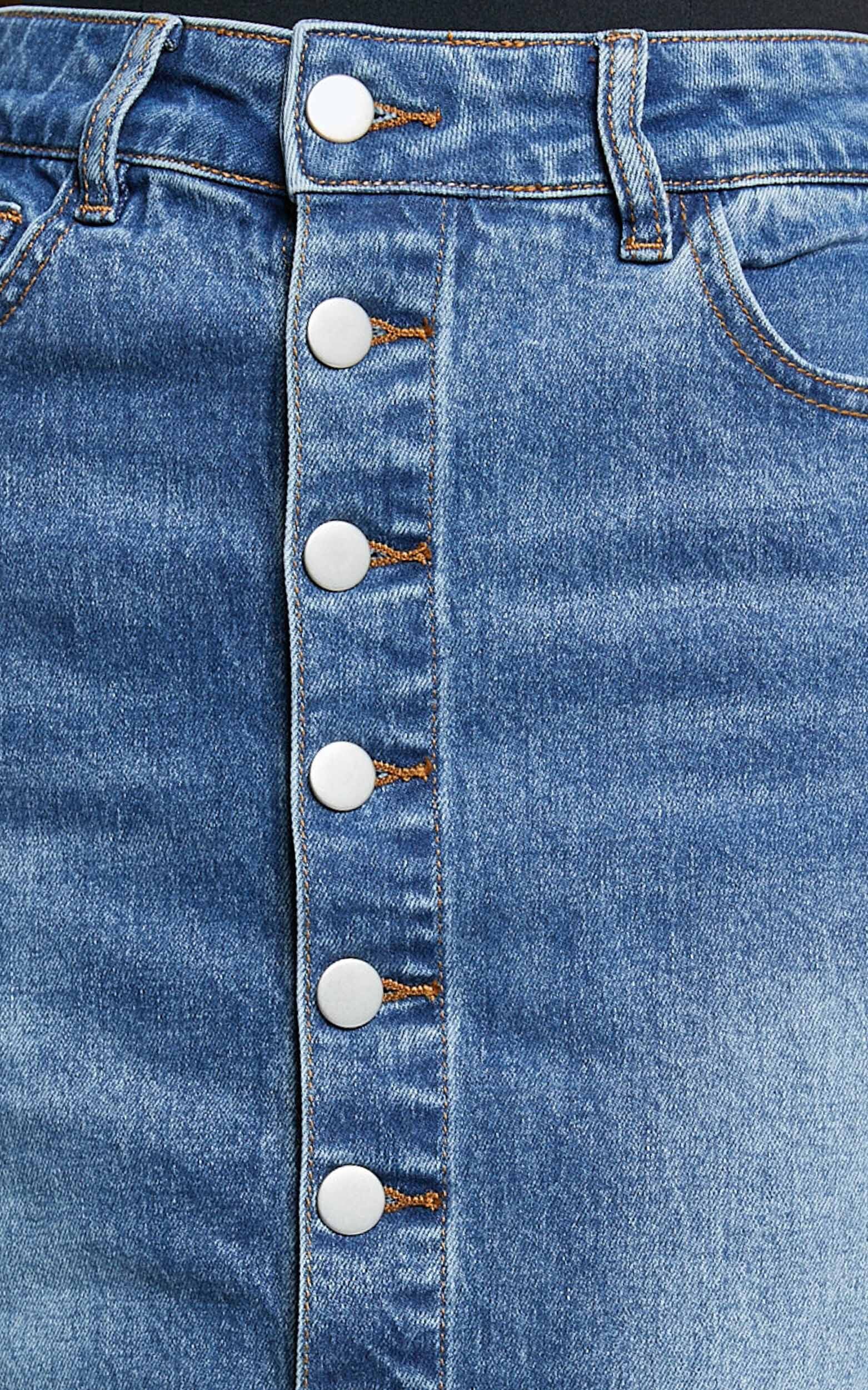 Tina Midi Skirt - High Waist Button Through Recycled Denim Skirt in Mid Blue Wash