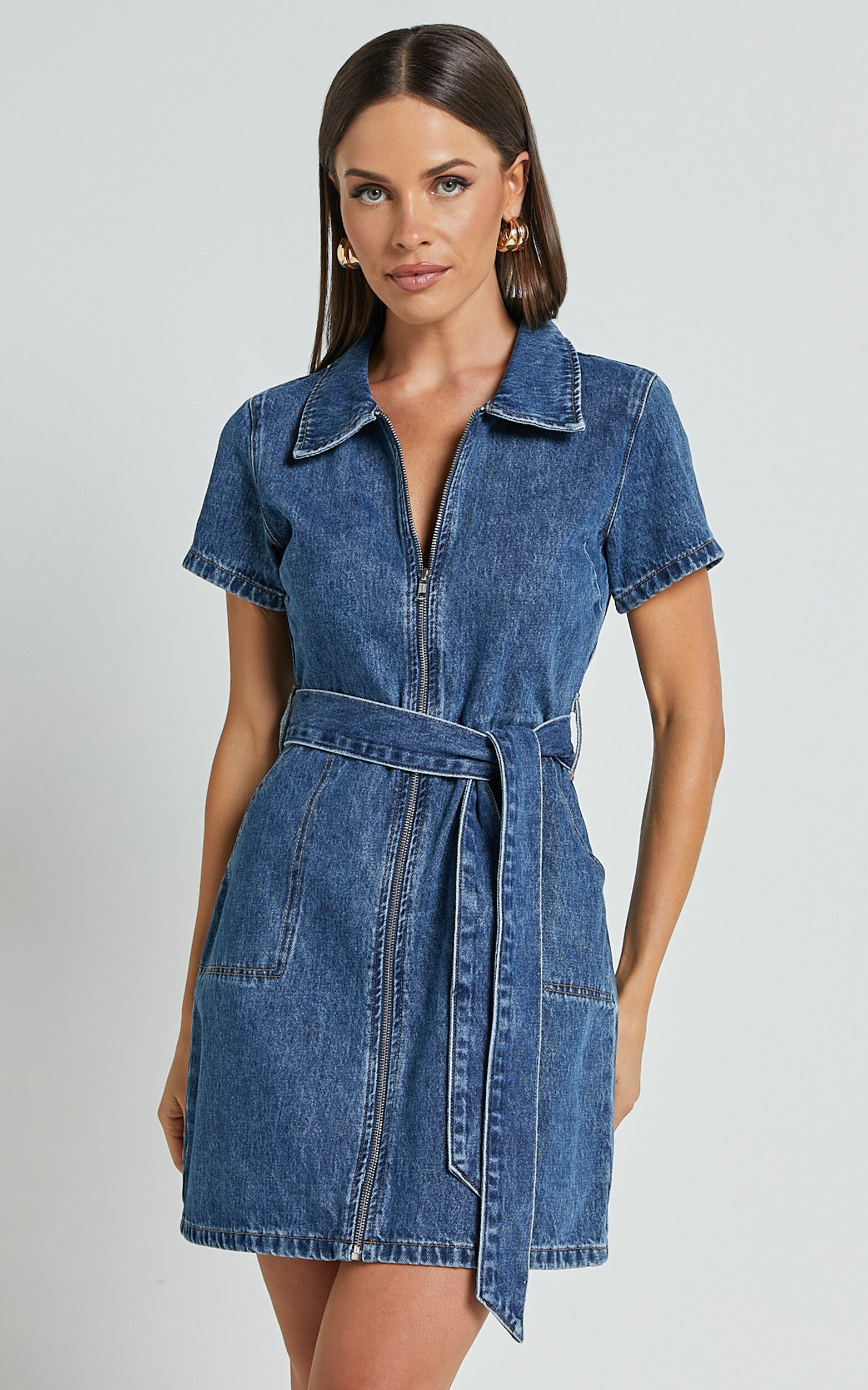 Nandini Mini Dress - Zip Through Denim Dress in Blue