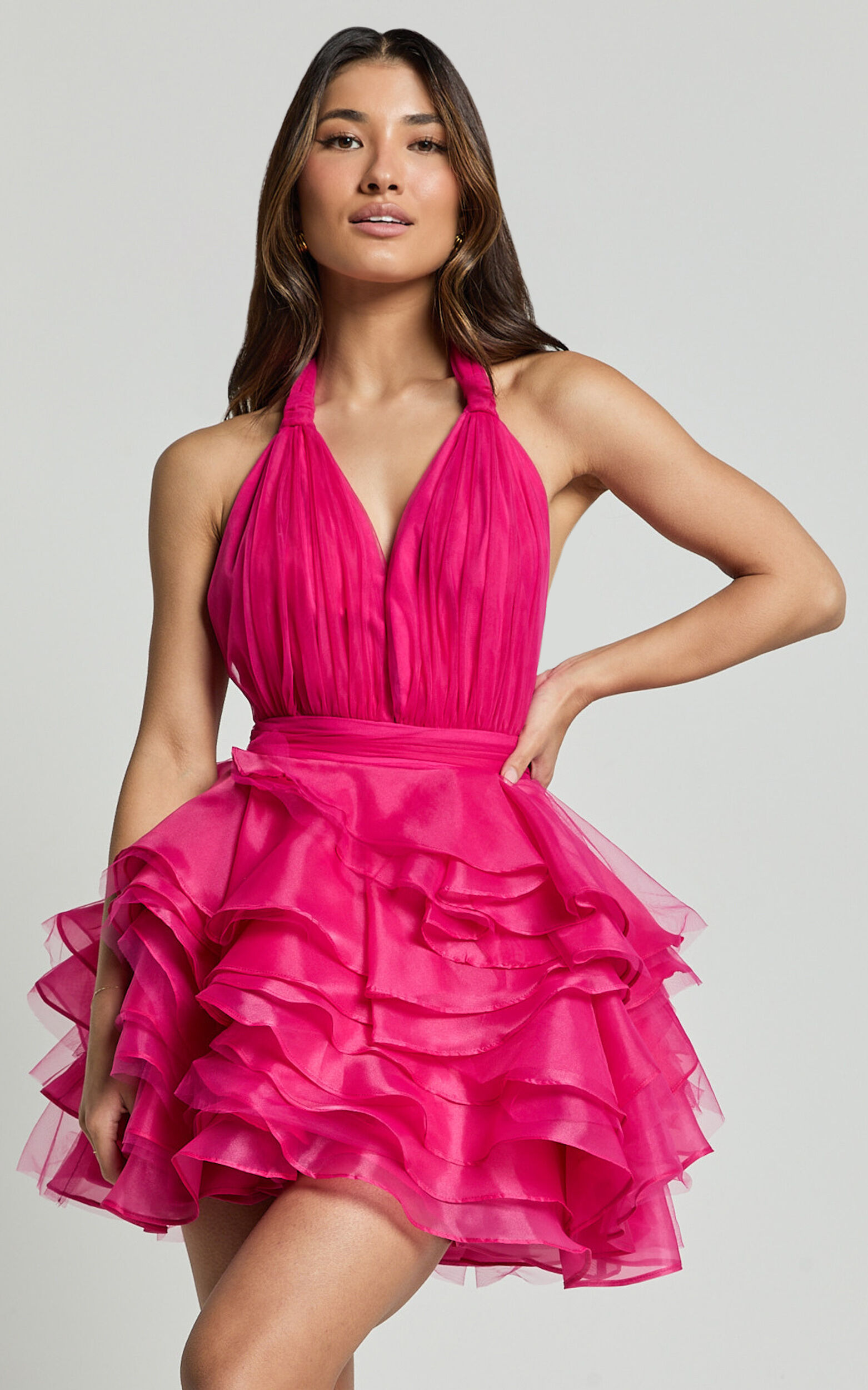 Addison Mini Dress - Halter Neck Plunge Tiered Tulle Dress in Hot Pink