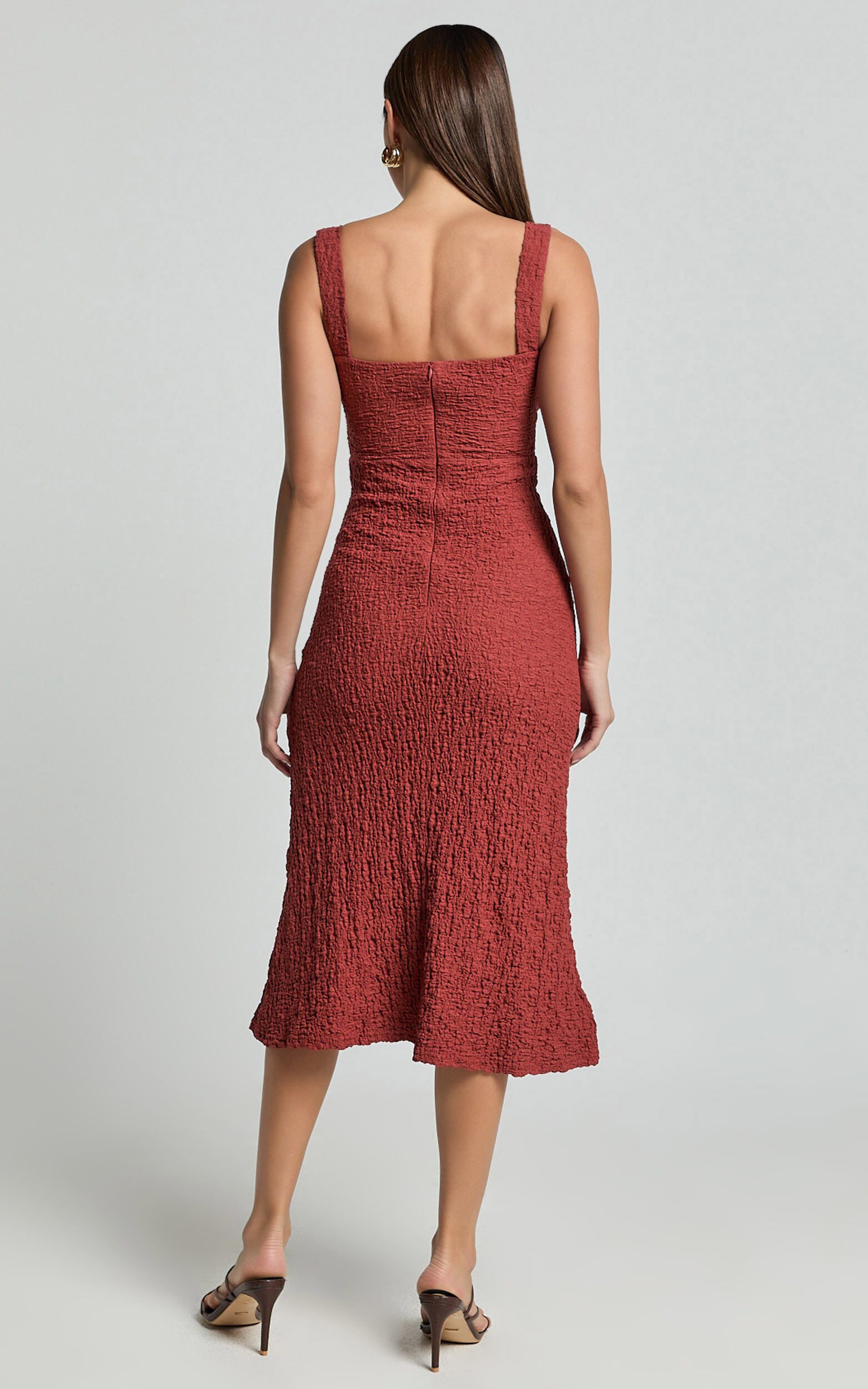 Olsen Midi Dress - Textured Wide Strap Tie Front Dress in Burnt Rust