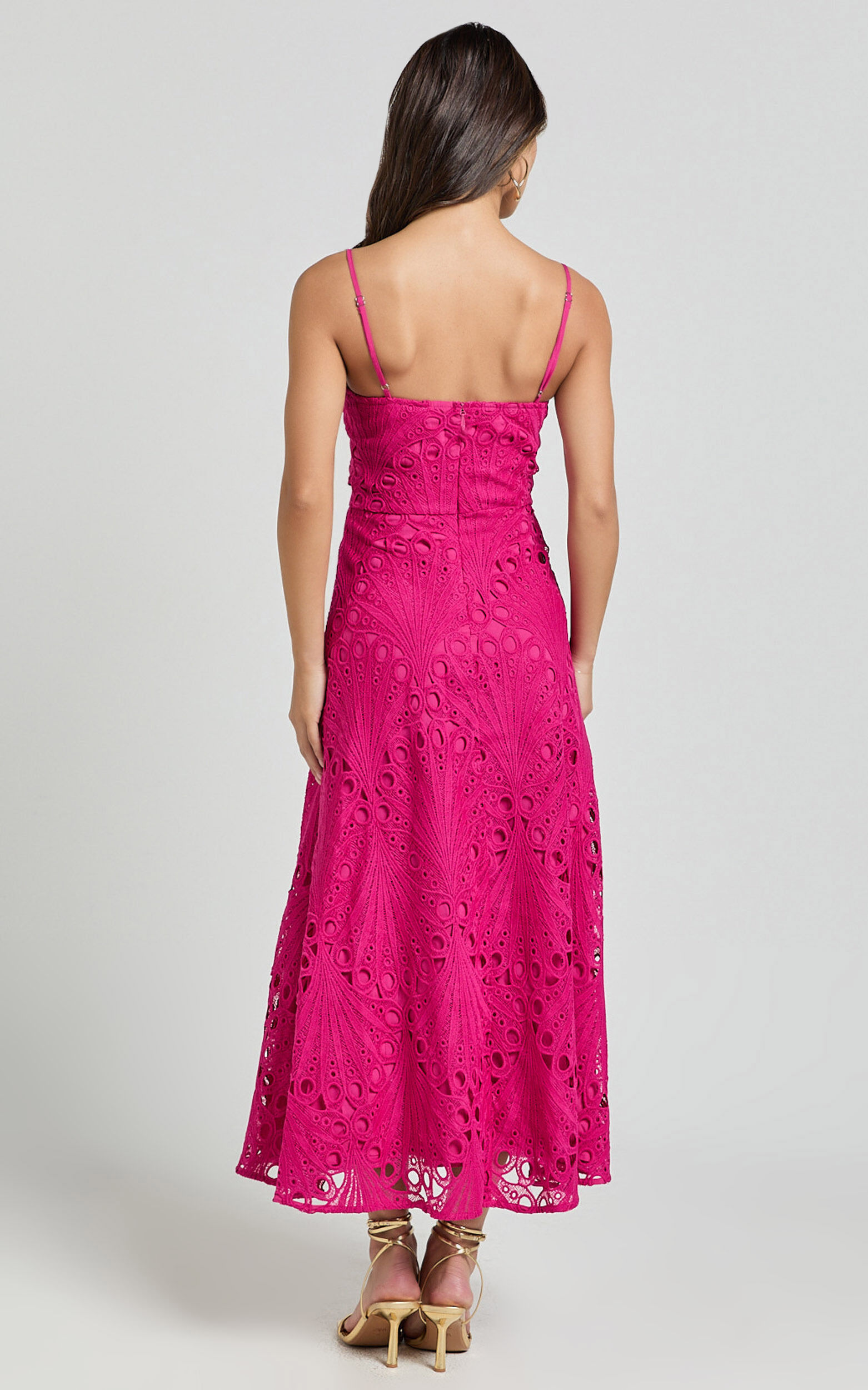 Nikka Midi Dress - Sweetheart Bustier Lace Dress in Pink