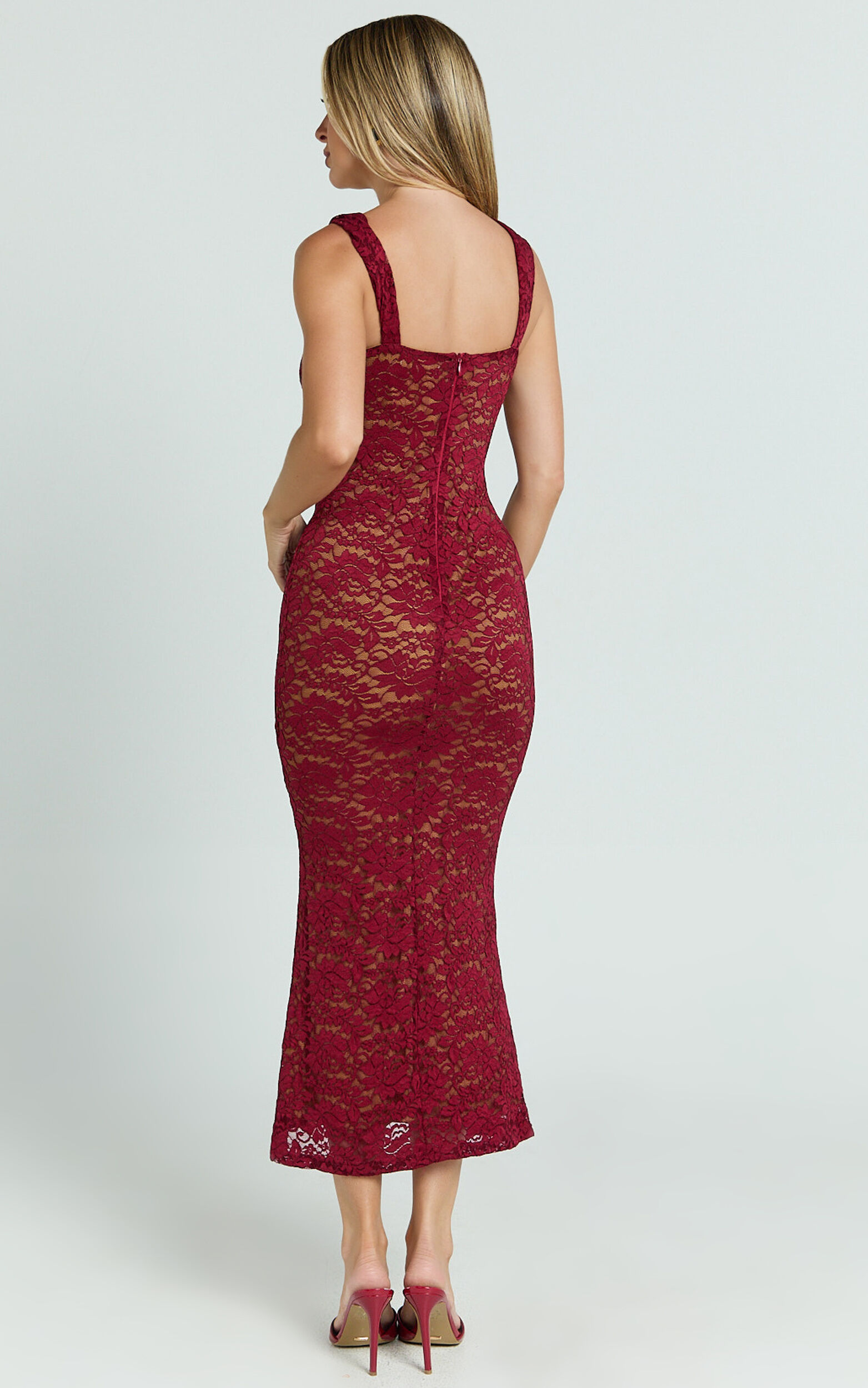 Collette Midi Dress - Ruched Bust Wide Strap Detail Lace Midi Dress in Wine