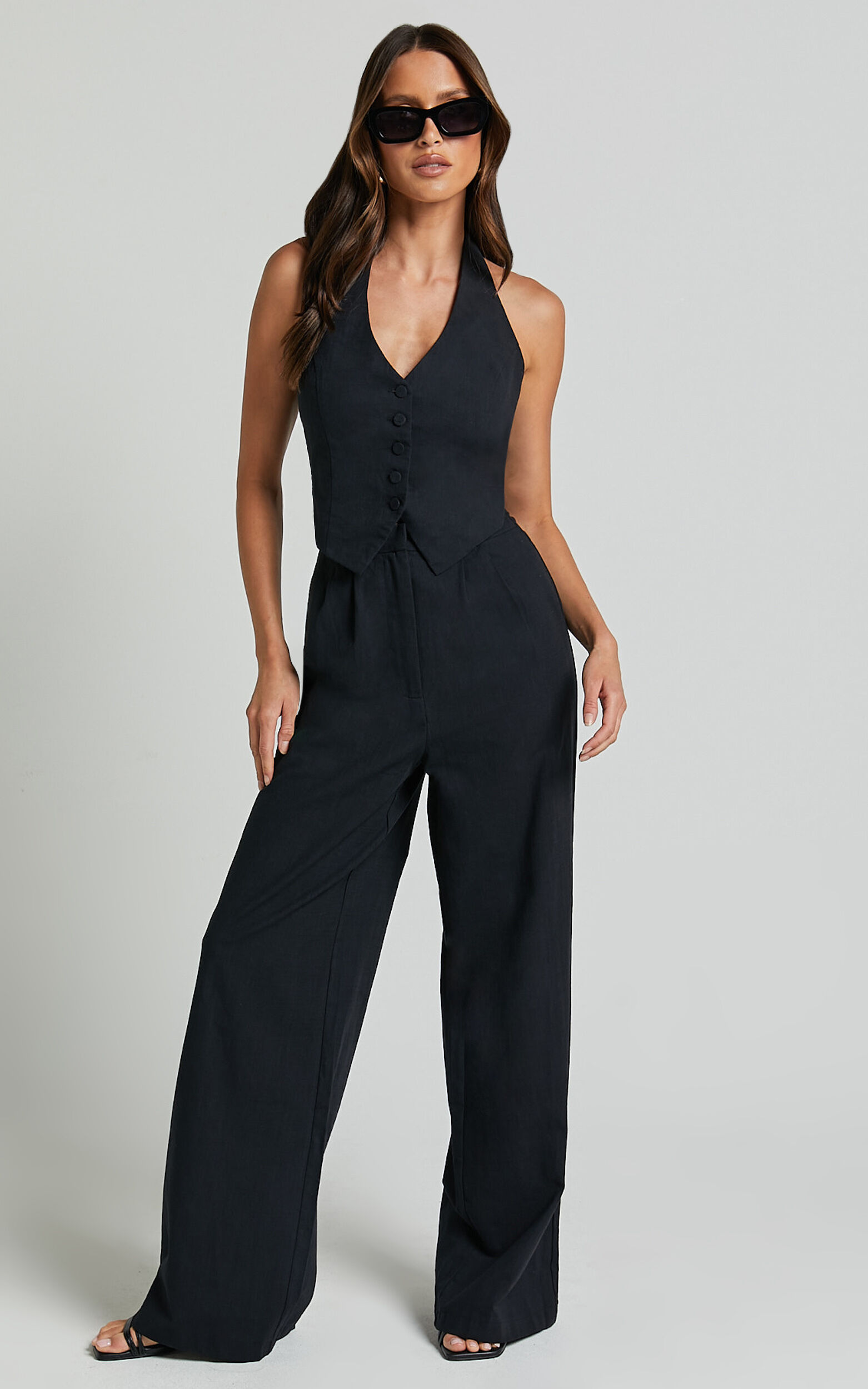 Linette Jumpsuit - Halter Neck Button Through Vest Tailored Wide Leg Jumpsuit in Black