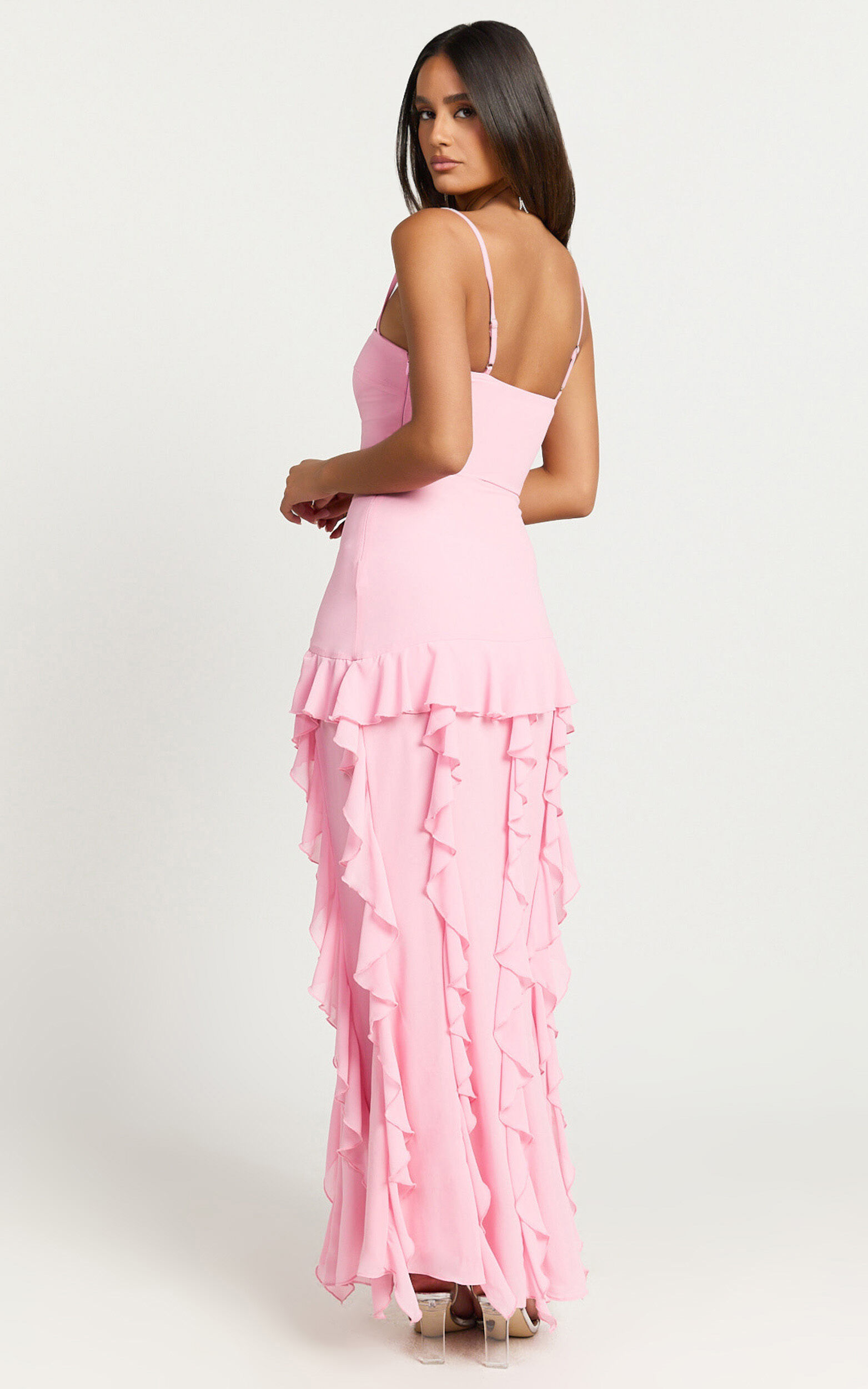 Solange Maxi Dress - Ruffle Hem Strapless Dress in Frost Pink