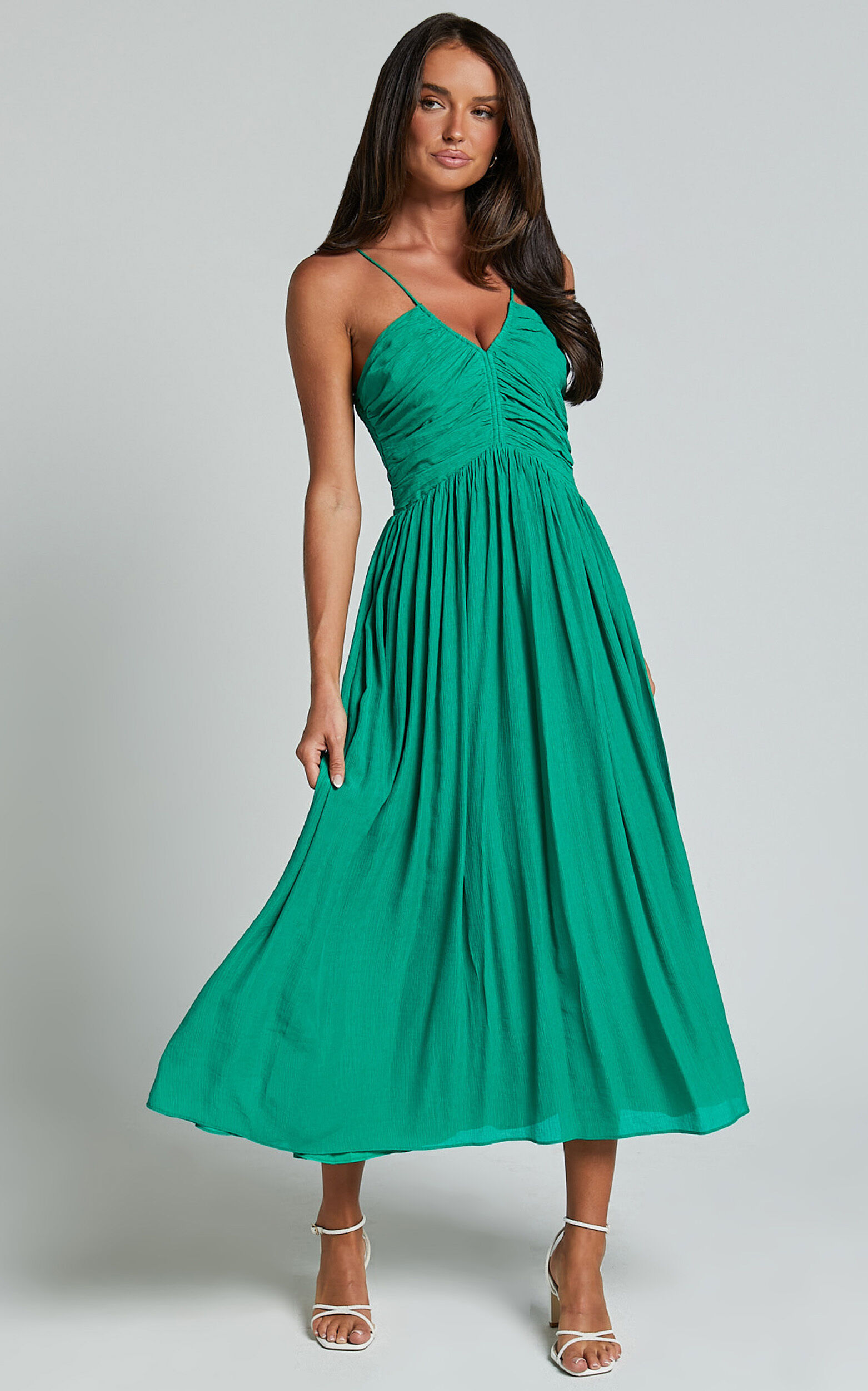 Roza Midi Dress - Ruched Bodice Dress in Emerald