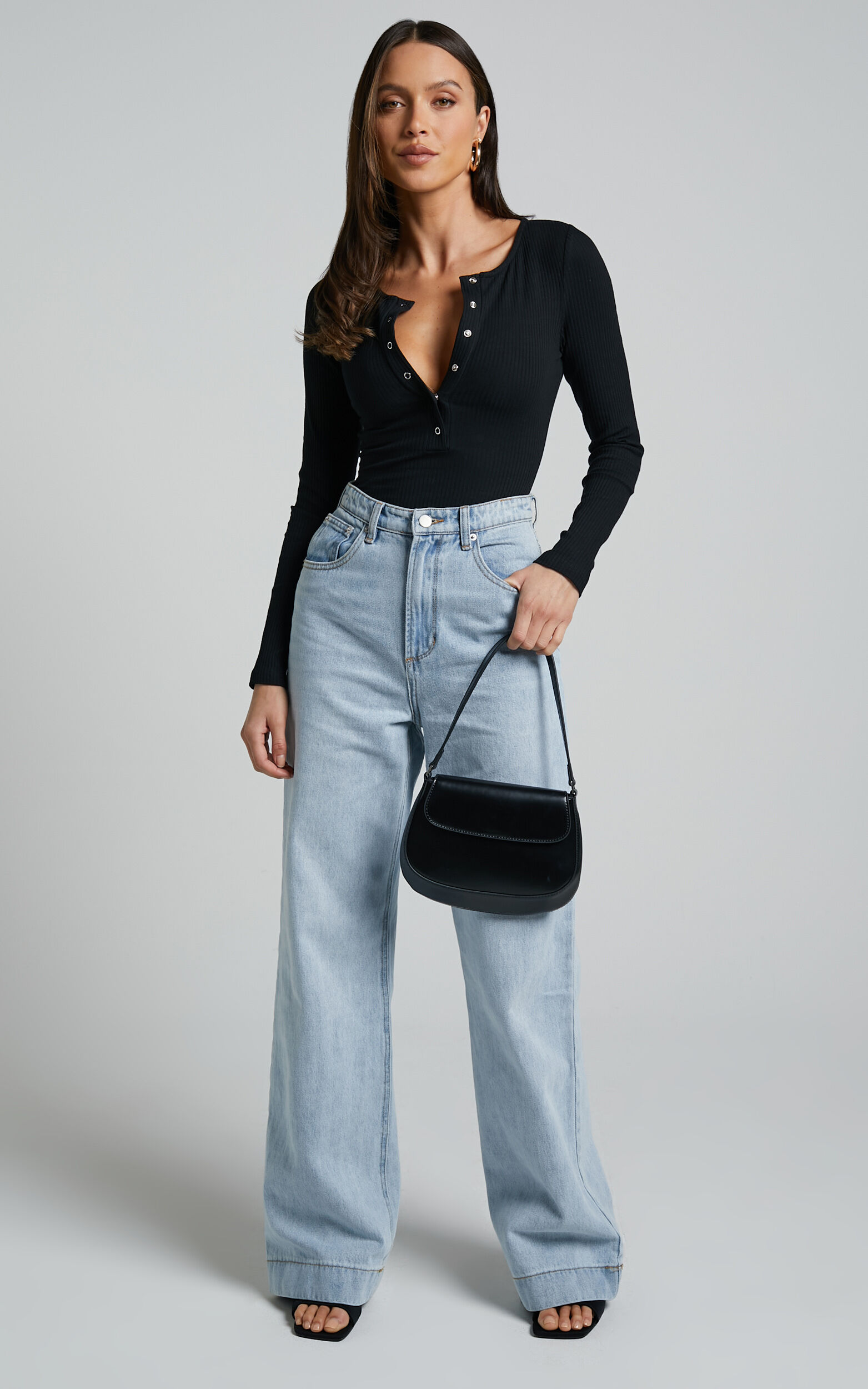 Tatem Bodysuit - Long Sleeve Button Front Bodysuit in Black