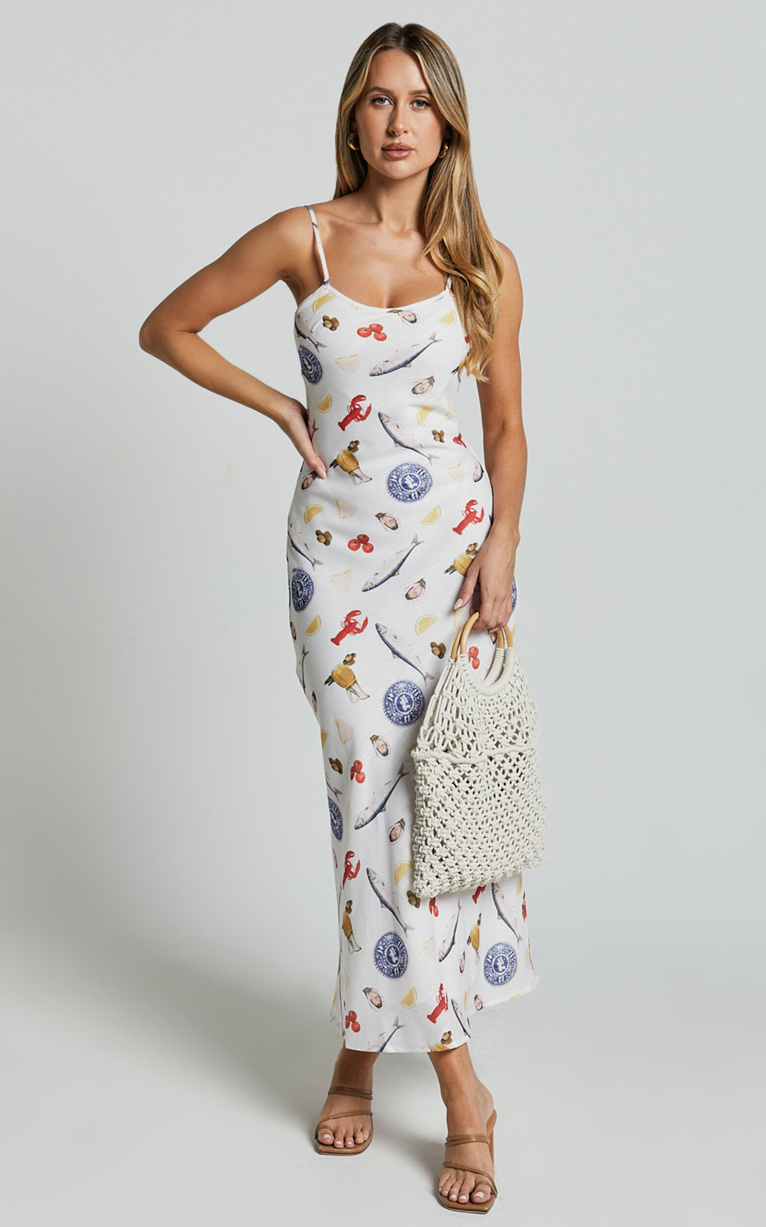 Jamilla Midi Dress - Bias Cut Linen Midi Slip Dress in Seaside Print