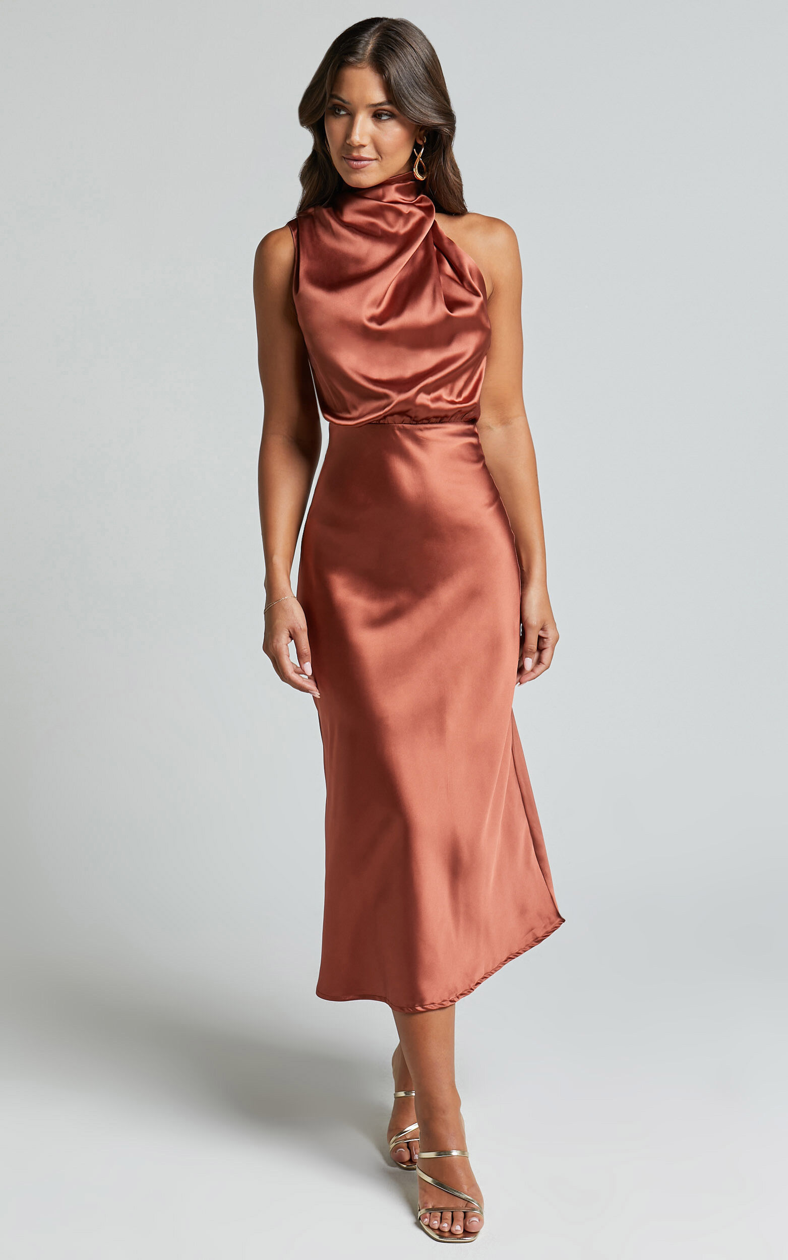 Minnie Midi Dress - Drape Neck Satin Slip Dress in Copper