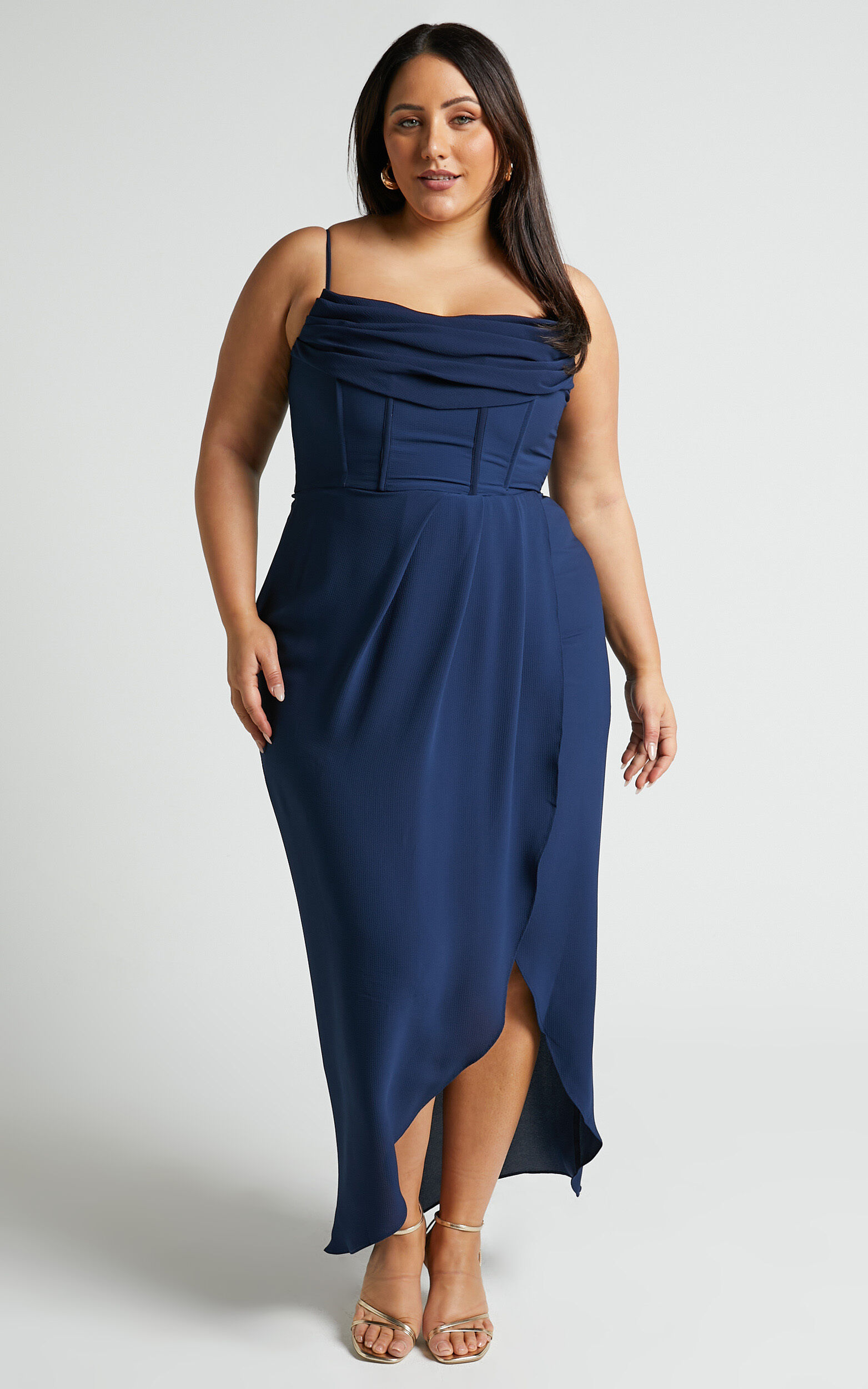 Andrina Midi Dress - High Low Wrap Corset Dress in Navy