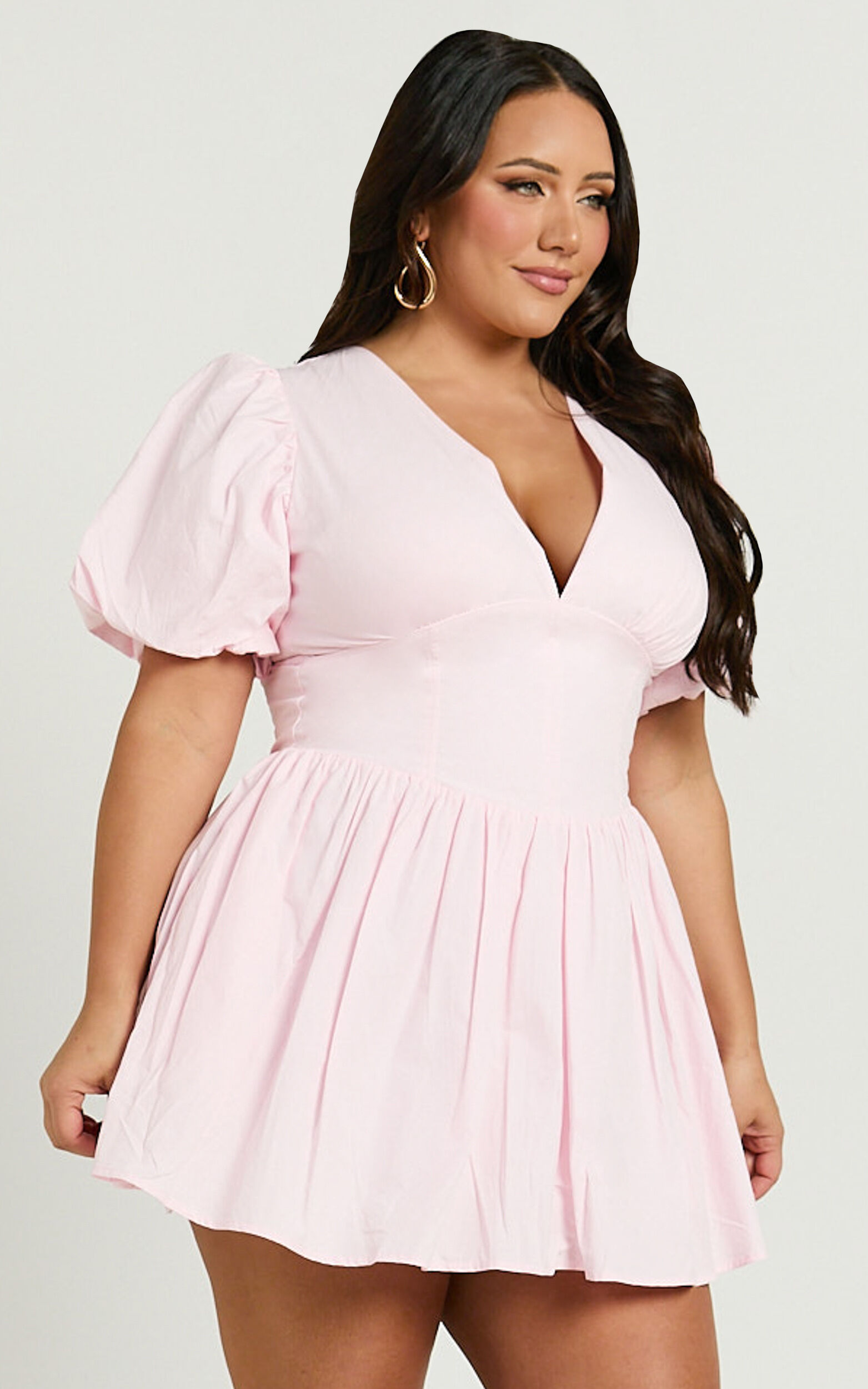 Nelli Mini Dress - Short Puff Sleeve Shirred Back Dress in Baby Pink