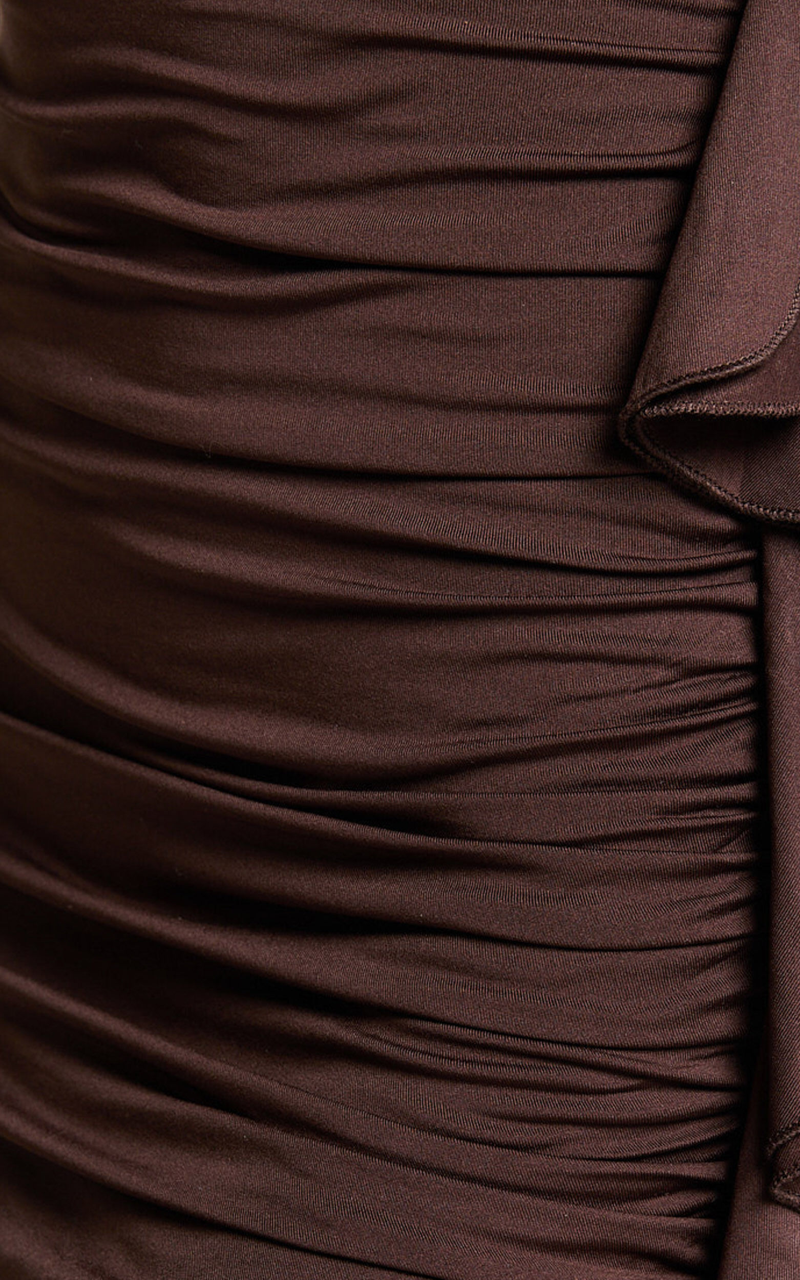 Therese Mini Dress - Ruched Bodycon Flounce Detail Dress in Chocolate