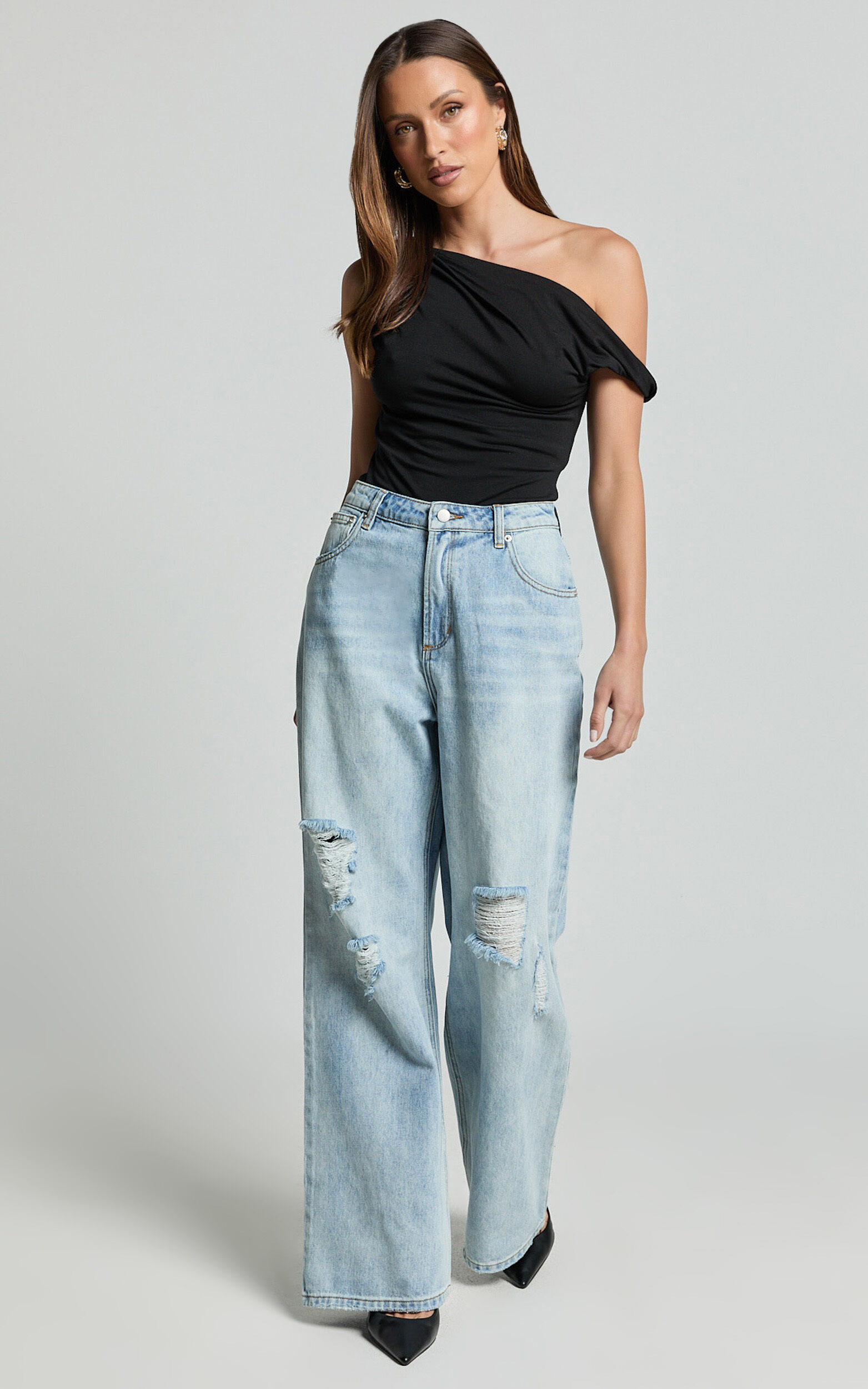 Cate Jeans - Baggy High Waist Ripped Wide Leg Recycled Denim Jeans in Light Blue Wash