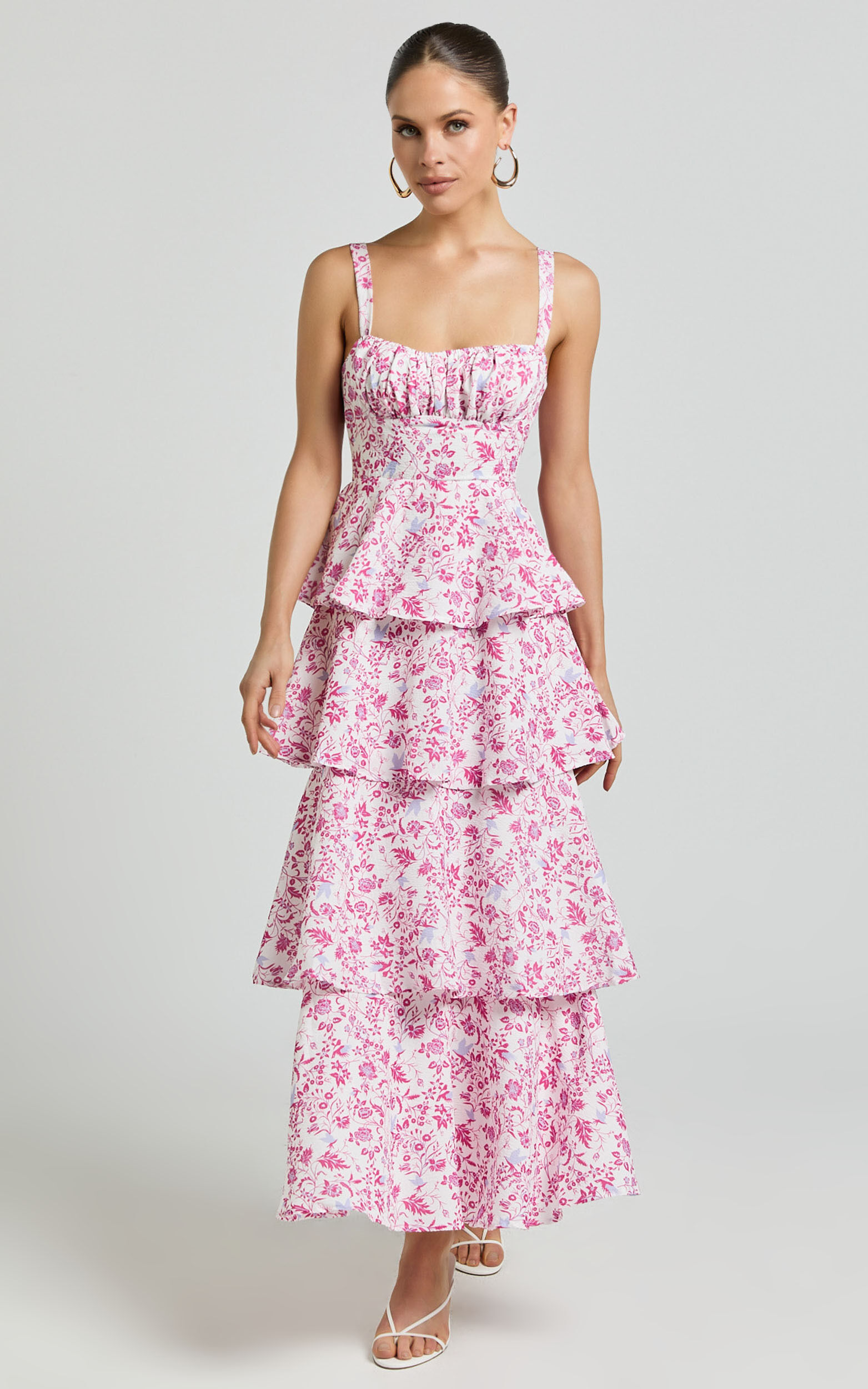 Lorma Midi Dress - Ruched Layered Dress in Pink Floral