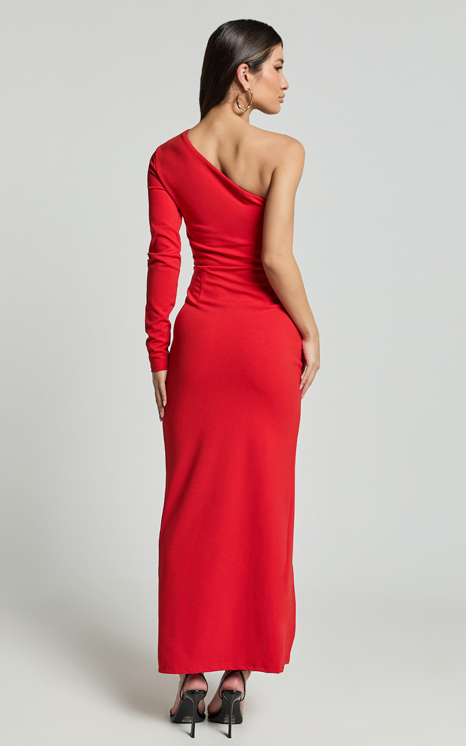 Daria Midi Dress - One Shoulder Long Sleeve Side Split Dress in Red