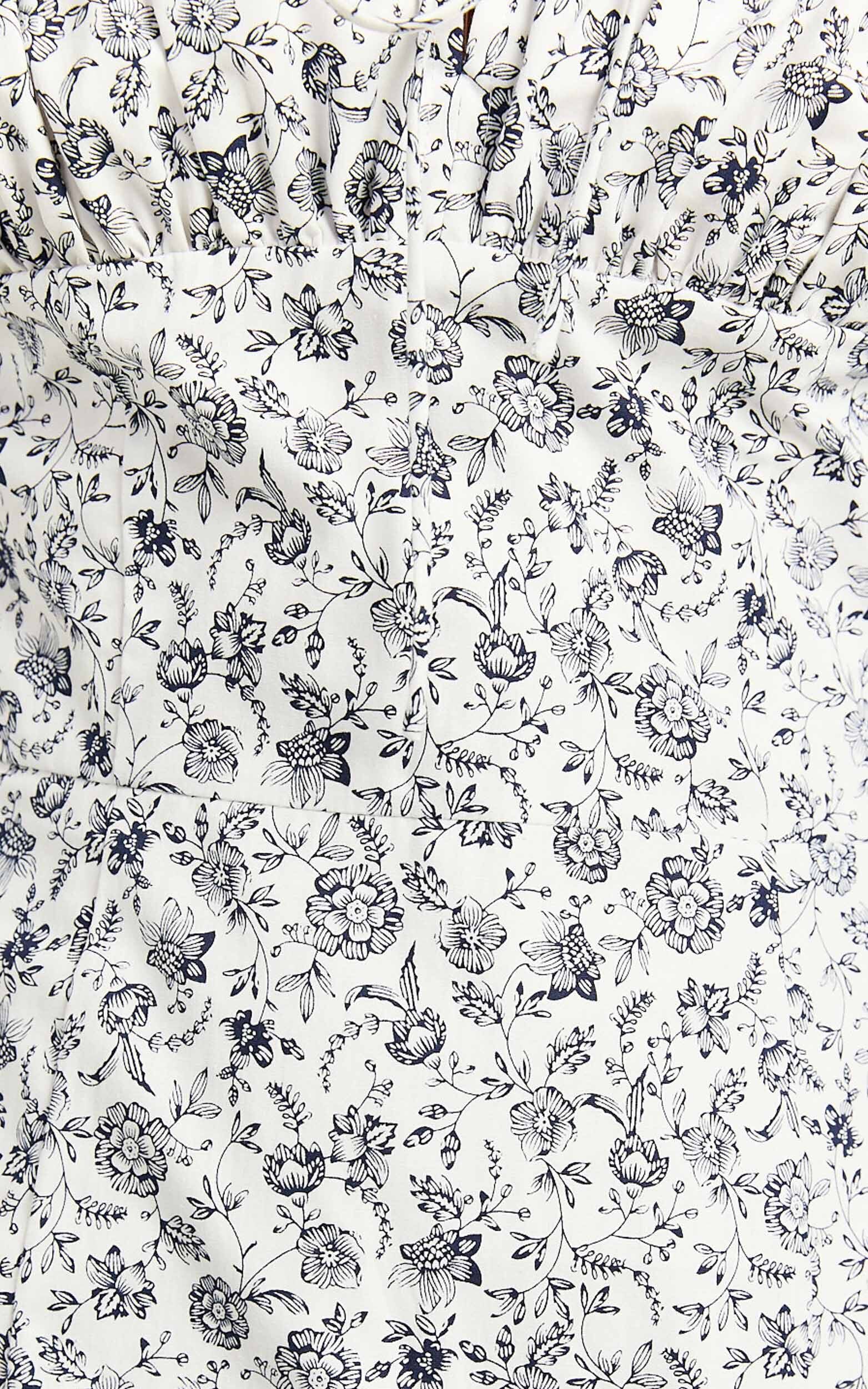 Leila Midi Dress - Puff Sleeve High Split Dress in White/Blue