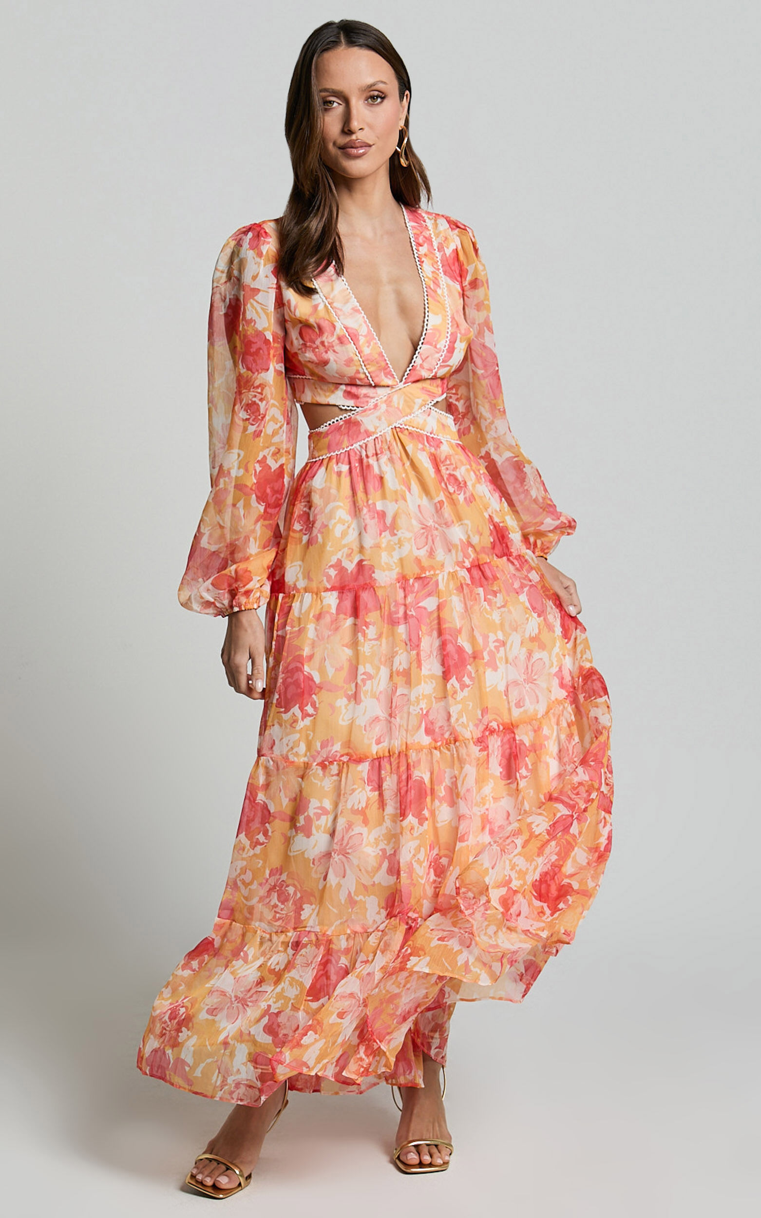 Anthea Midi Dress - V Neck Cut Out Tiered Dress in Yellow Print