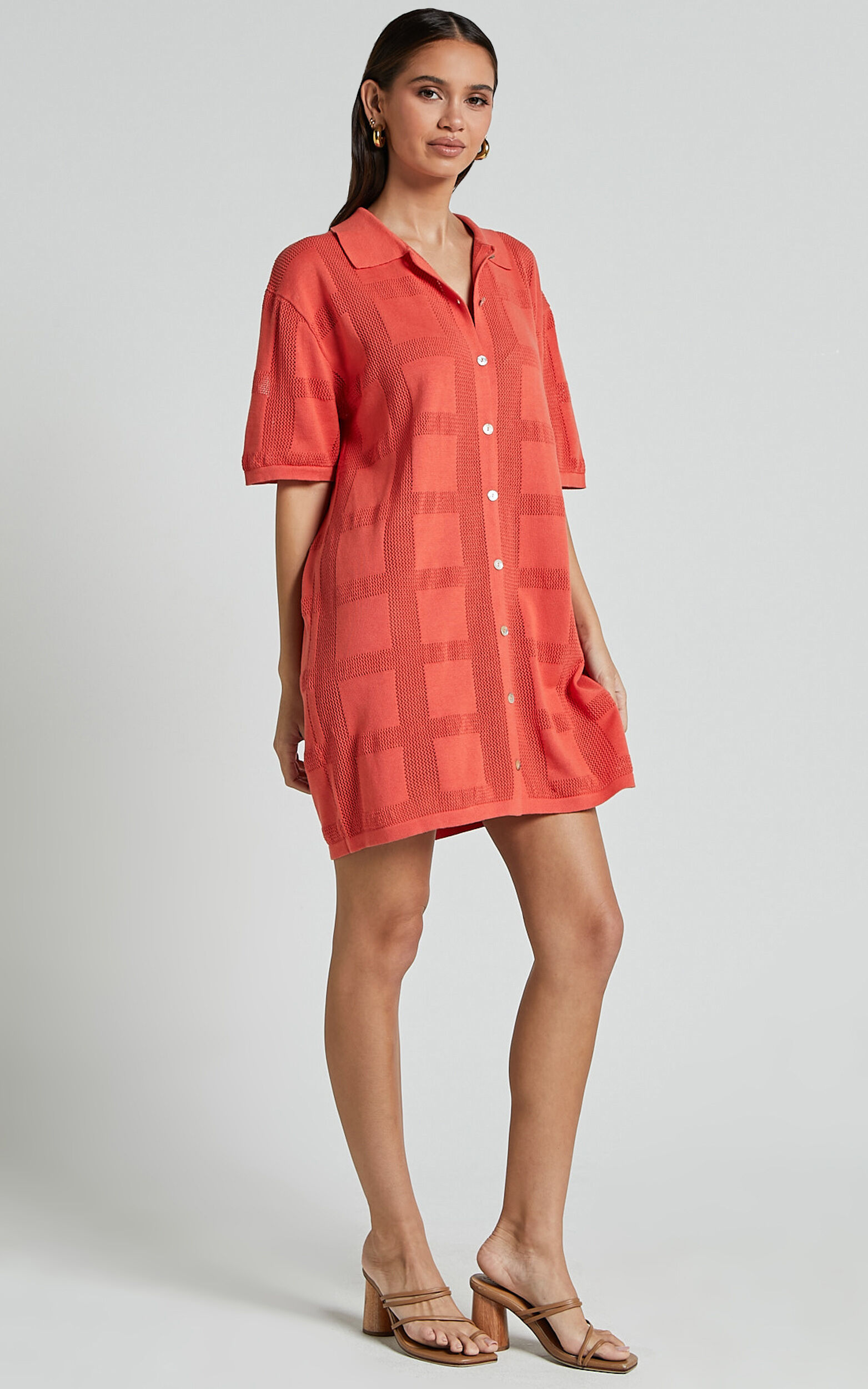 Tully Mini Dress - Knitted Button Through Shift Dress in Coral