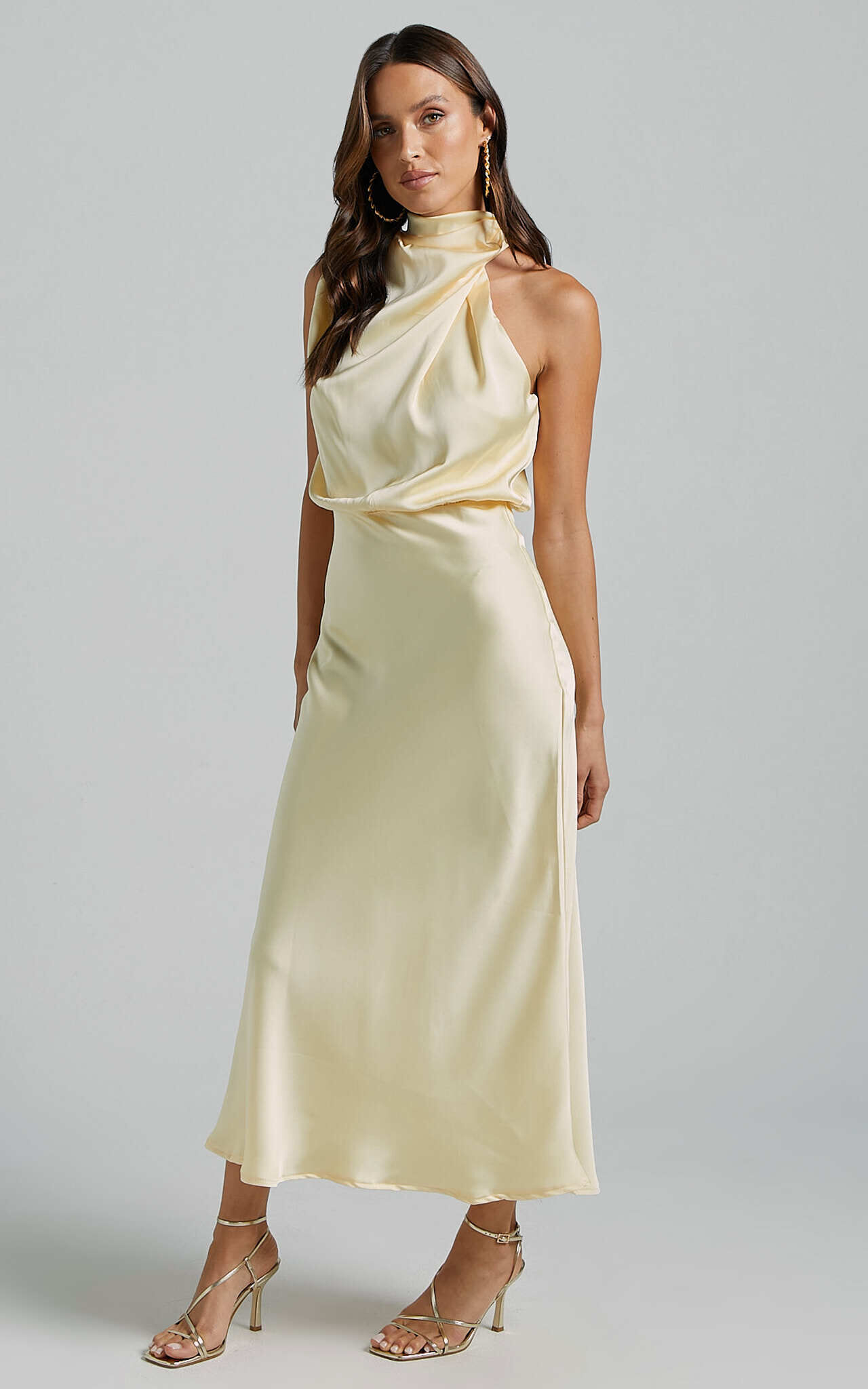 Minnie Midi Dress - Drape Neck Satin Slip Dress in Butter Yellow