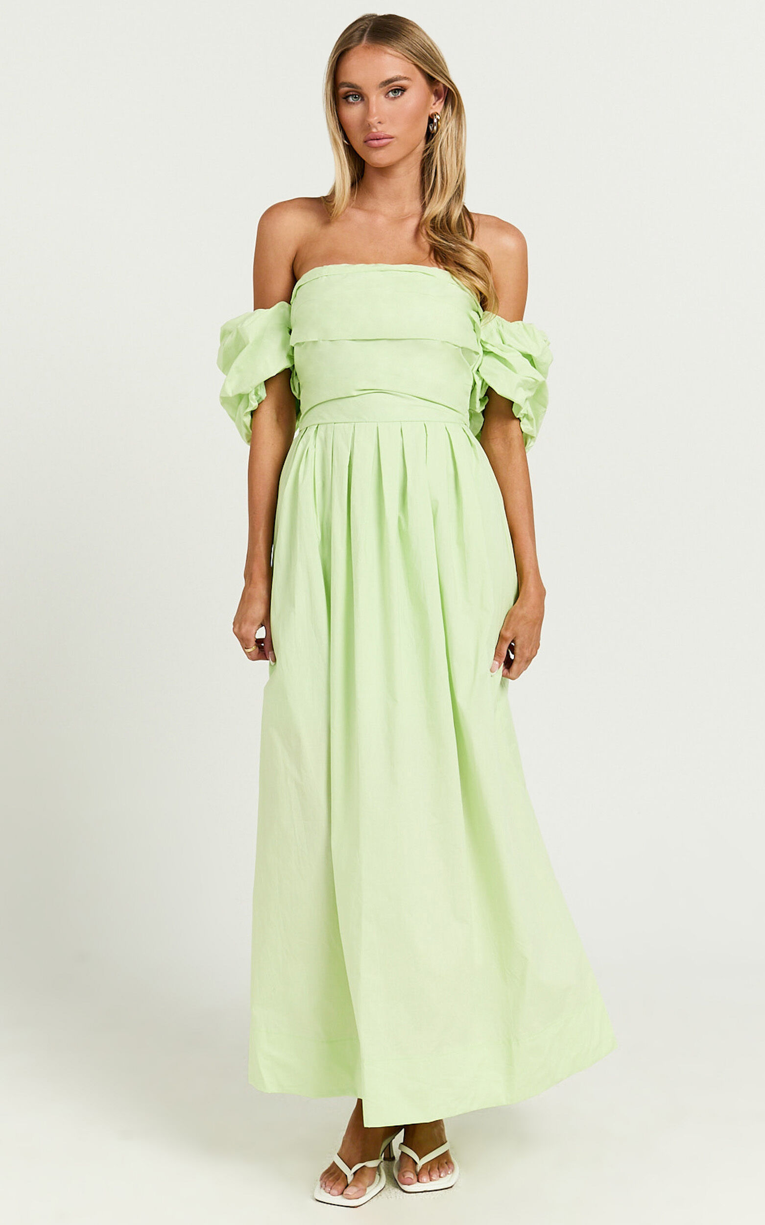 Annie Midi Dress - Off The Shoulder Ruffle Sleeve Pleated Dress in Lime