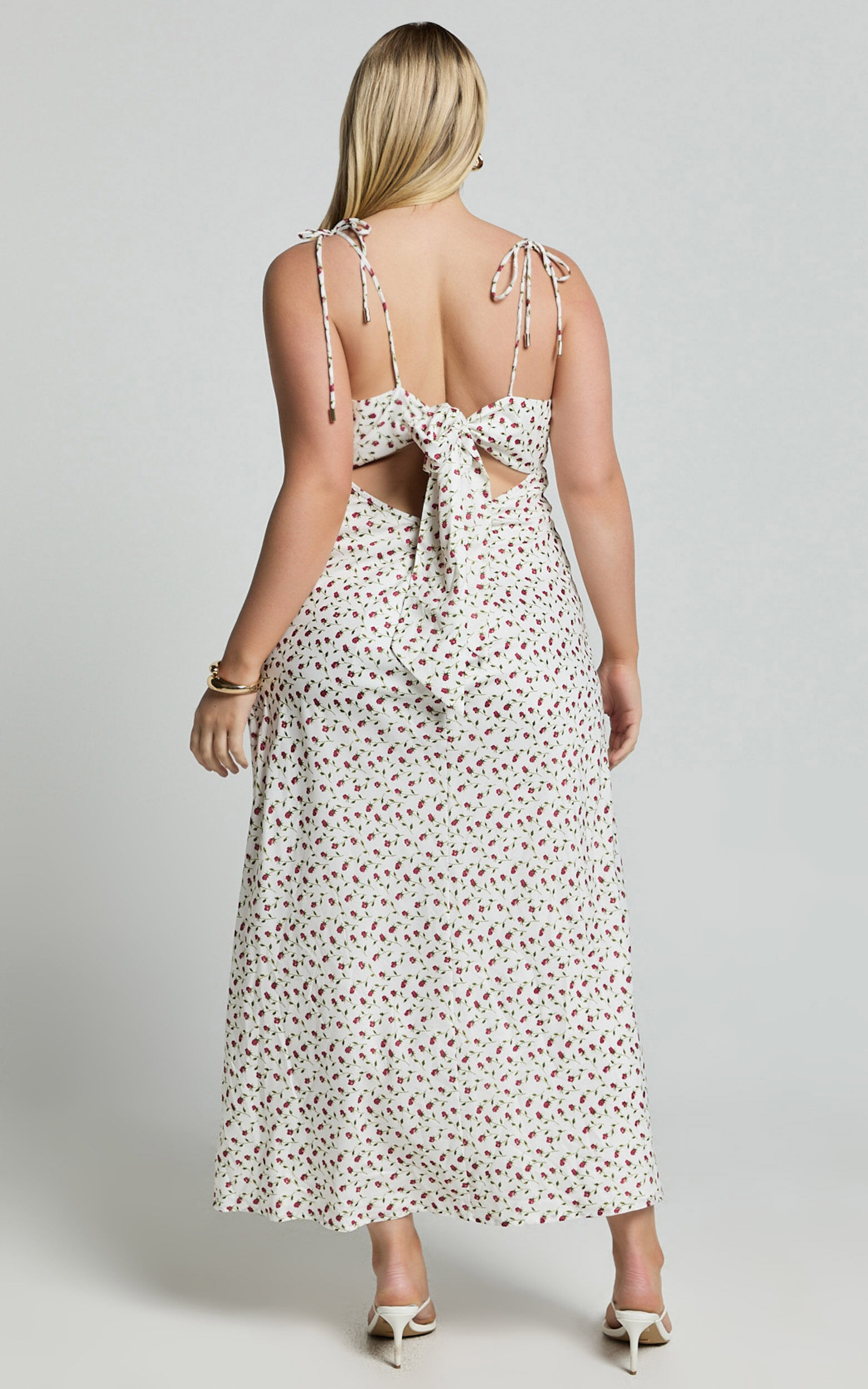 Elle Midi Dress - Ruched Bust Tie Strap Dress in White Floral