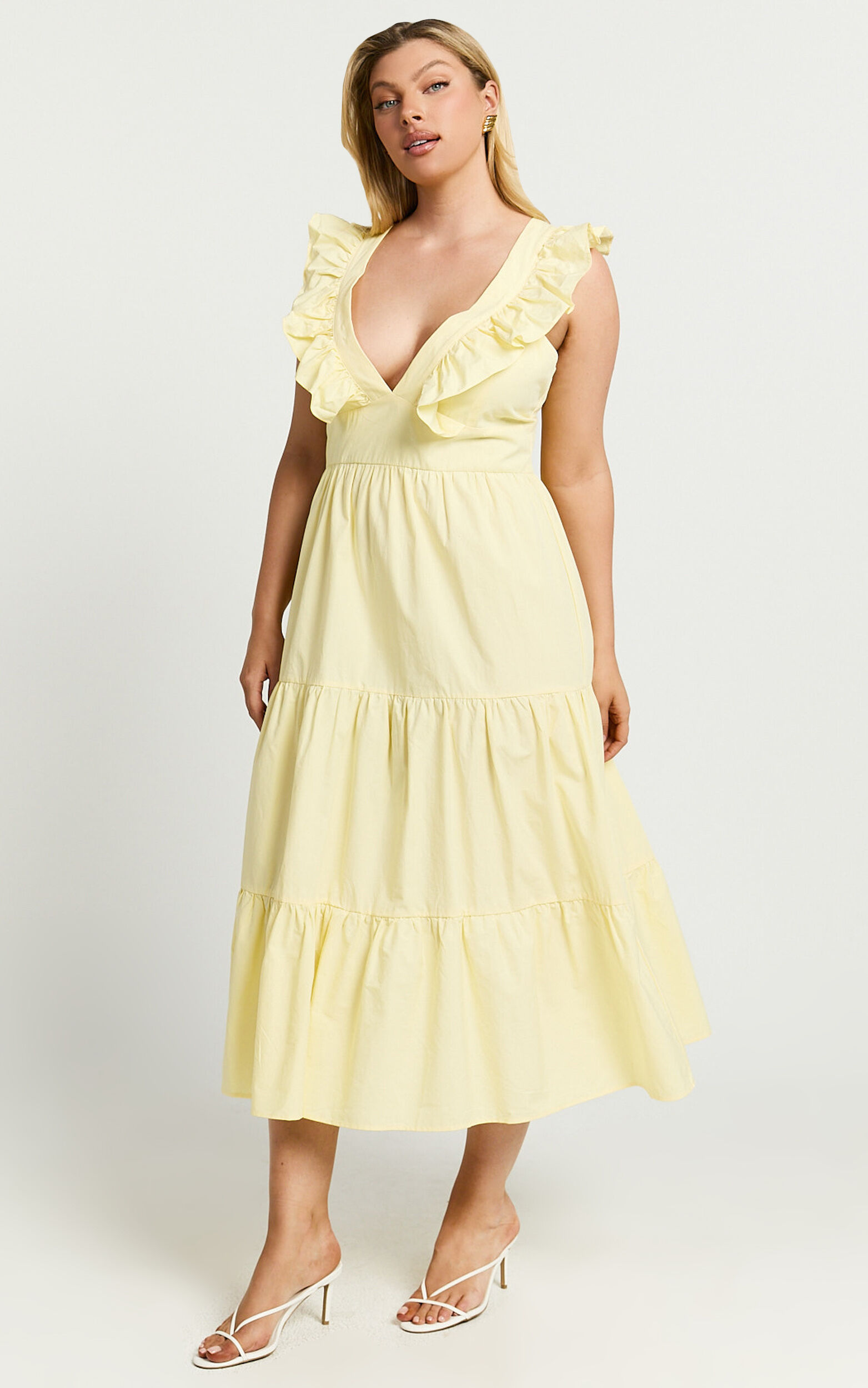 Levona Midi Dress - Ruffle Shoulder Tiered Dress in Lemon