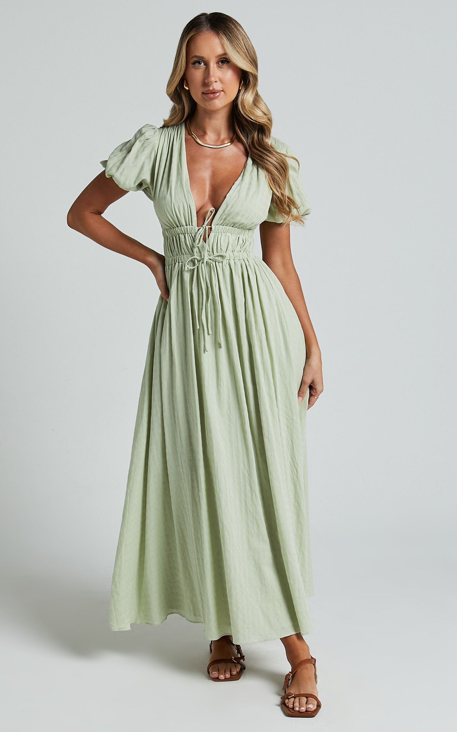 Matteo Midi Dress - Deep V Neck Puff Sleeve Dress in Sage