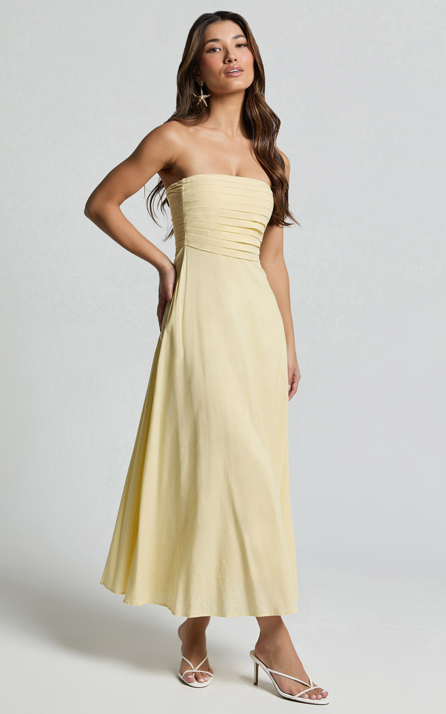Barbra Midi Dress - Strapless Ruched Bodice Dress in Lemon