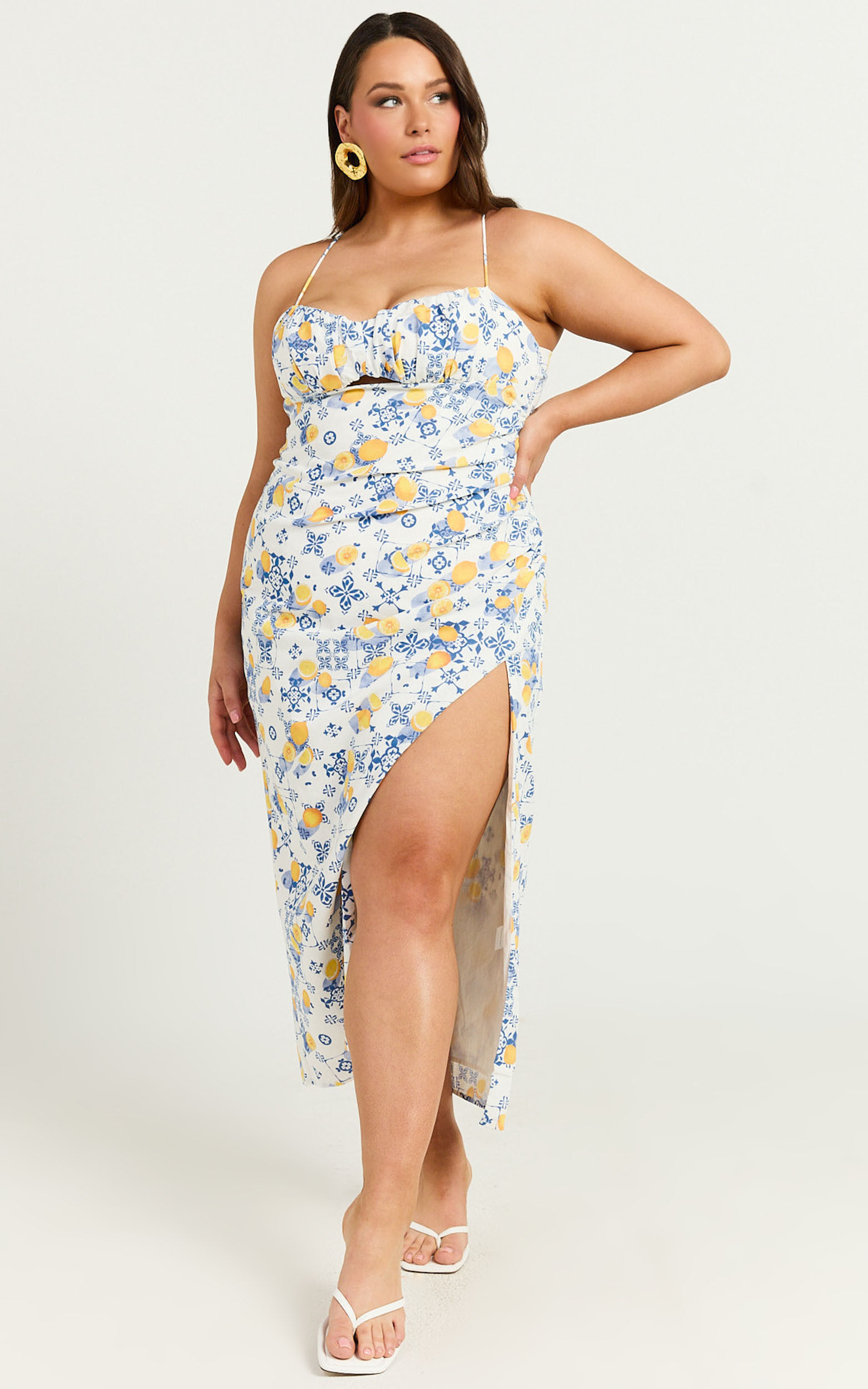 Frederica Midi Linen Dress - Gathered Sweetheart Tie Back Front Split Dress in Limoncello Tile