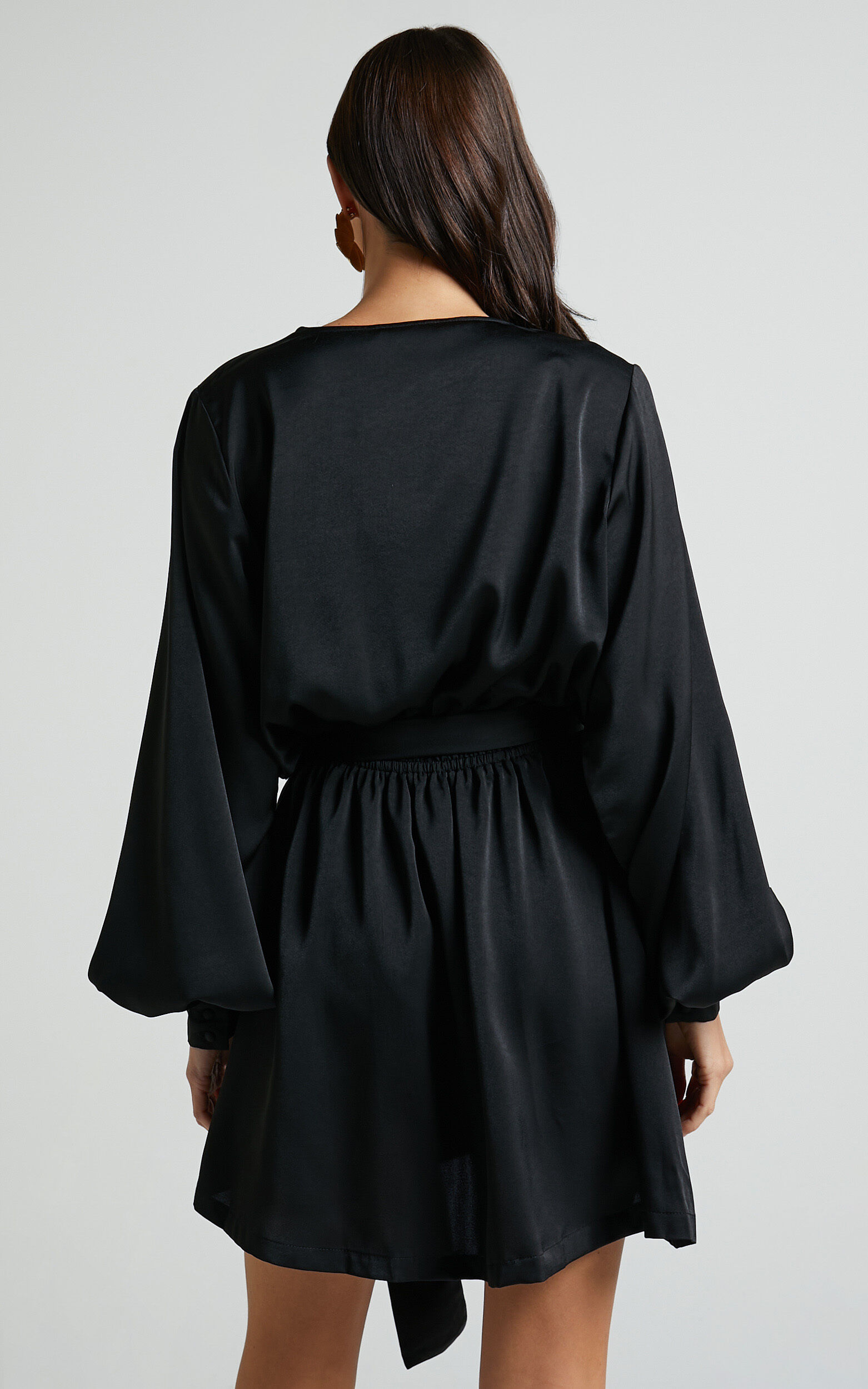 Laura Mini Dress - Long Sleeve V Neck Wrap Dress in Black