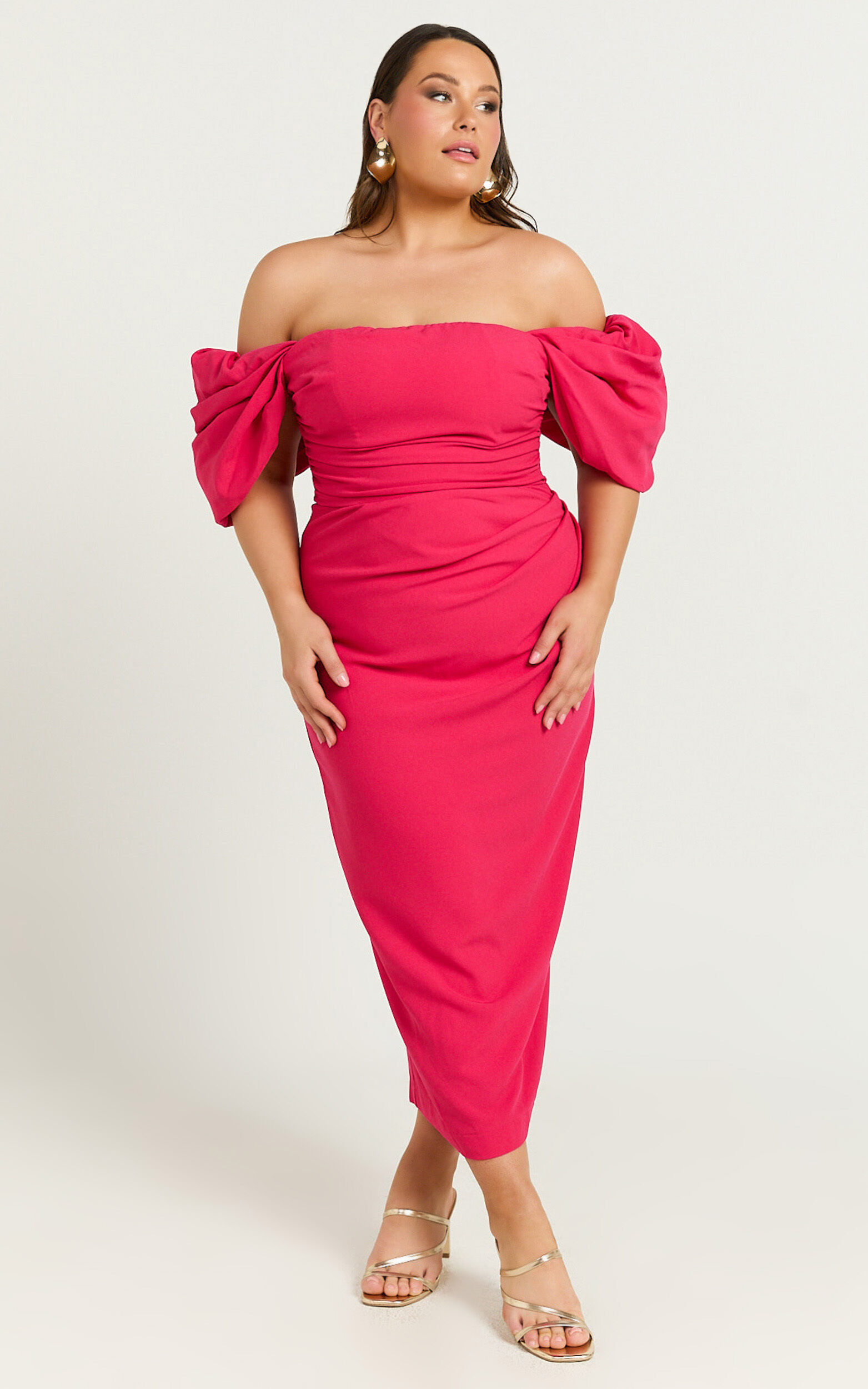 Lohan Midi Dress - Off Shoulder Puff Sleeve in Berry