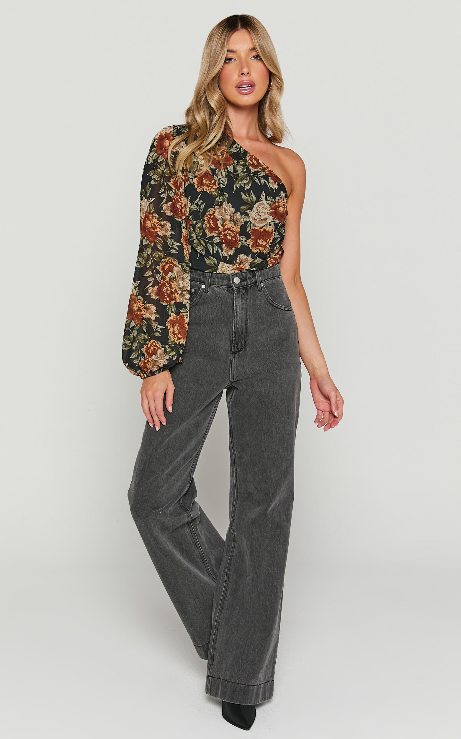 Jaziel Bodysuit - One Shoulder Ruched Bodysuit in Black Floral