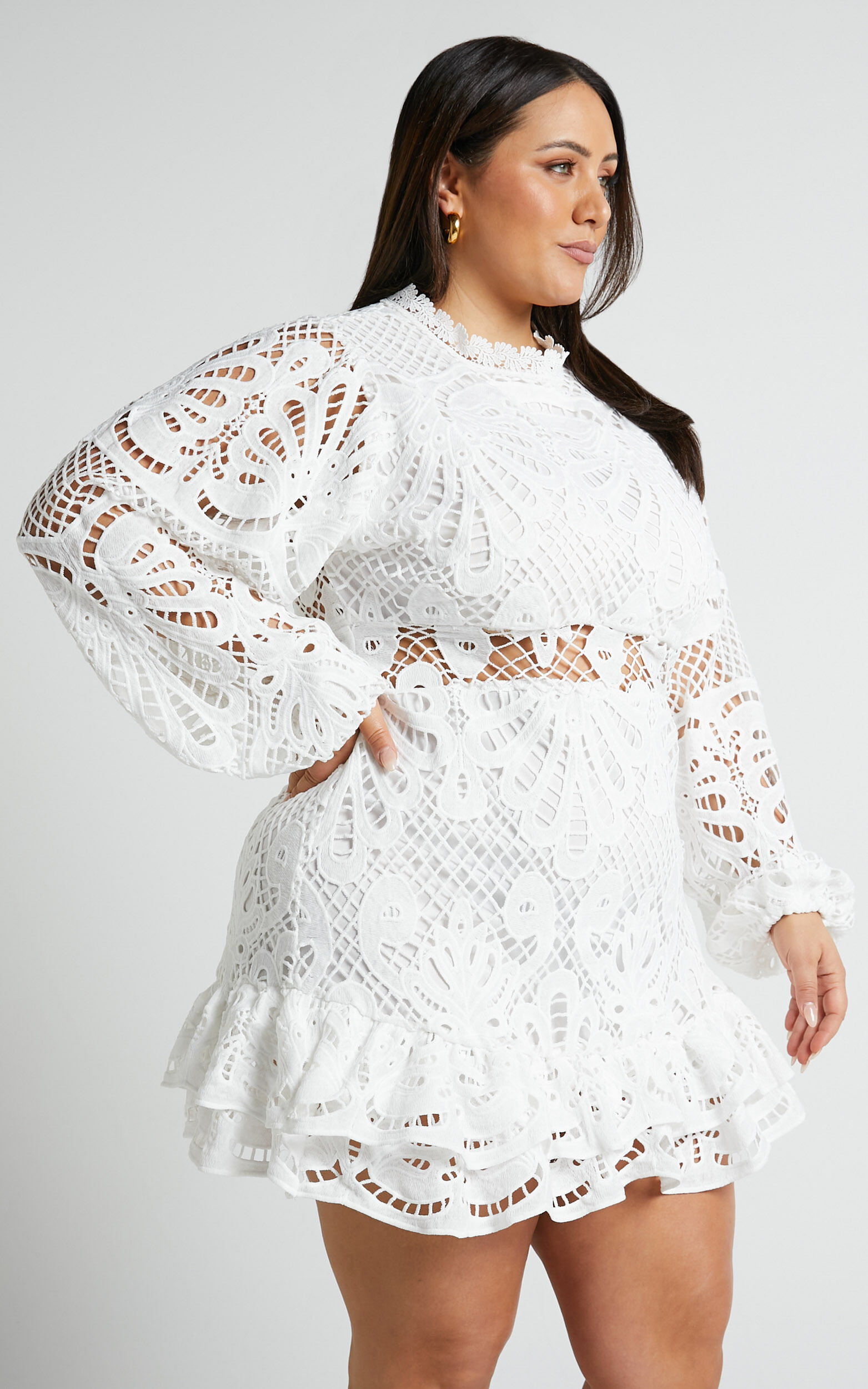 Kiss Me Now Mini Dress - Long Puff Sleeve Dress in White Lace