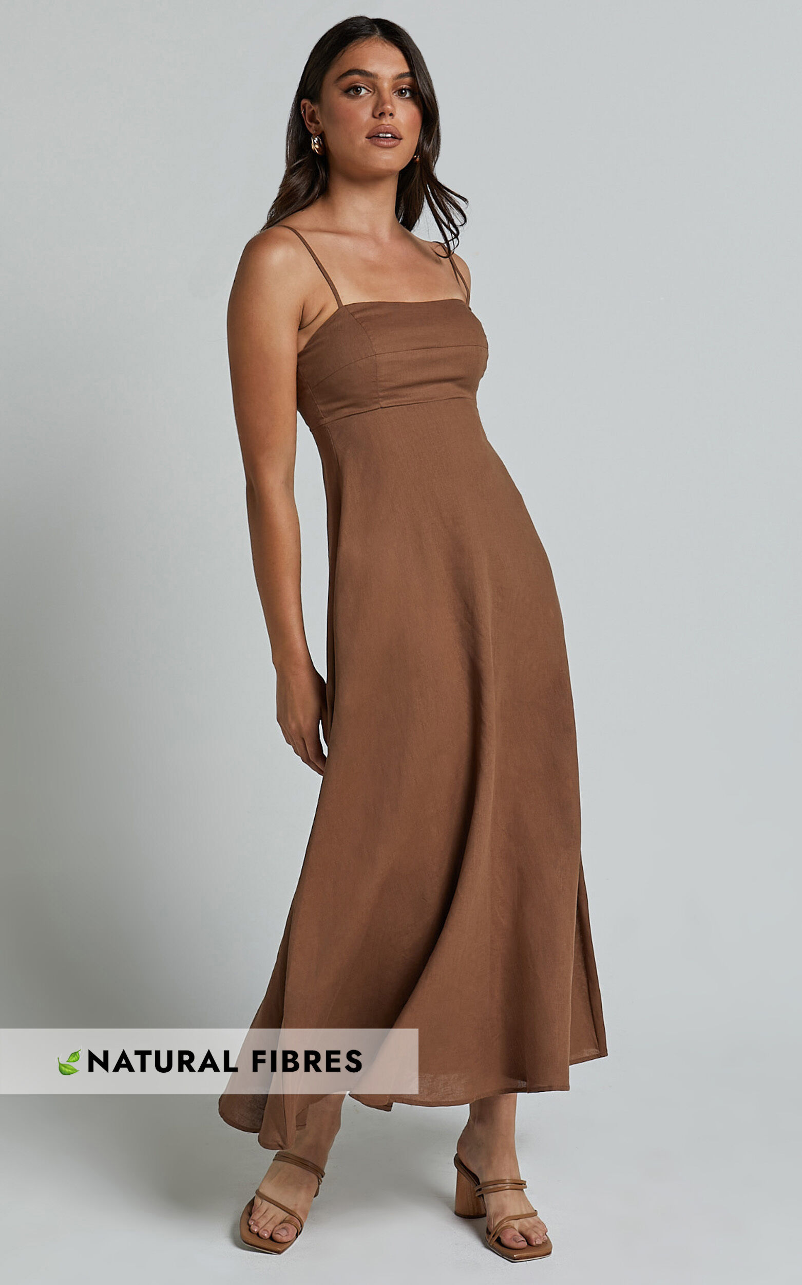 Brette Midi Dress - Linen Straight Neck Strappy Fit And Flare Dress in Tobacco