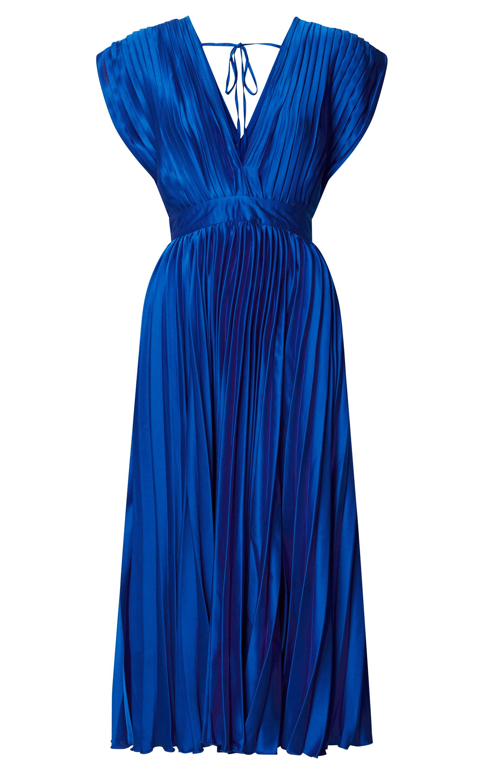 Della Midi Dress - Plunge Neck Short Sleeve Pleated Dress in Cobalt