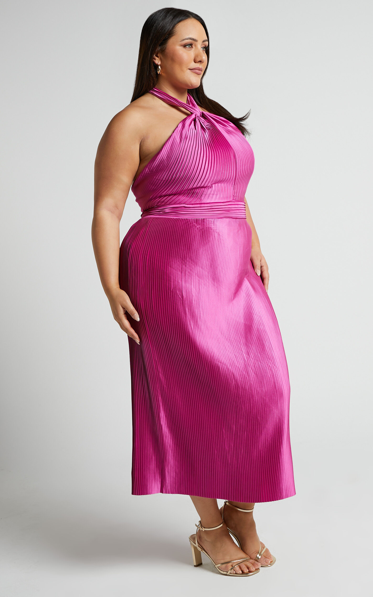 Marlette Midi Dress - Pleated Open Back Halter Dress in Grape