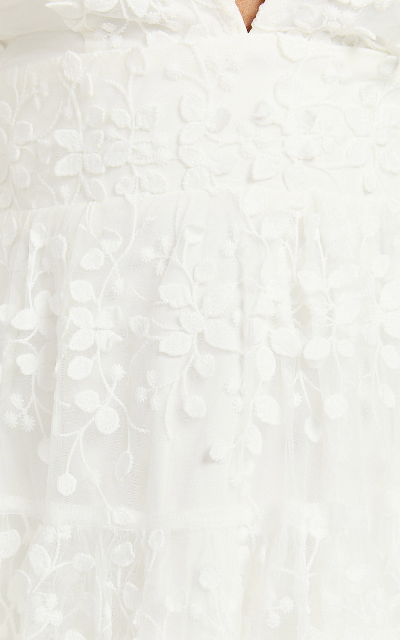 Pamela Mini Dress - Embroidered Plunge Tiered Dress in White