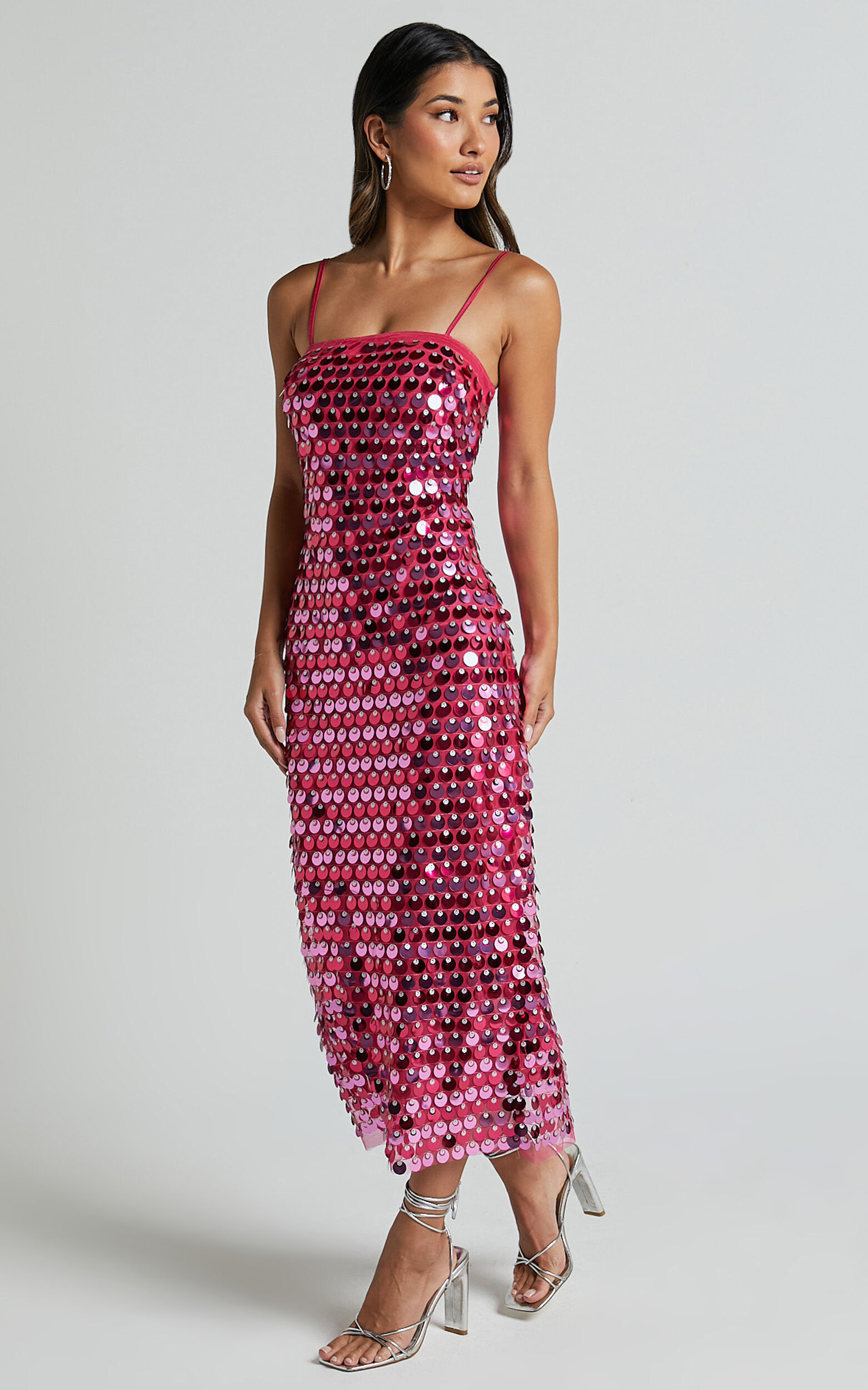 Amarie Midi Dress - Circle Sequin Dress in Pink