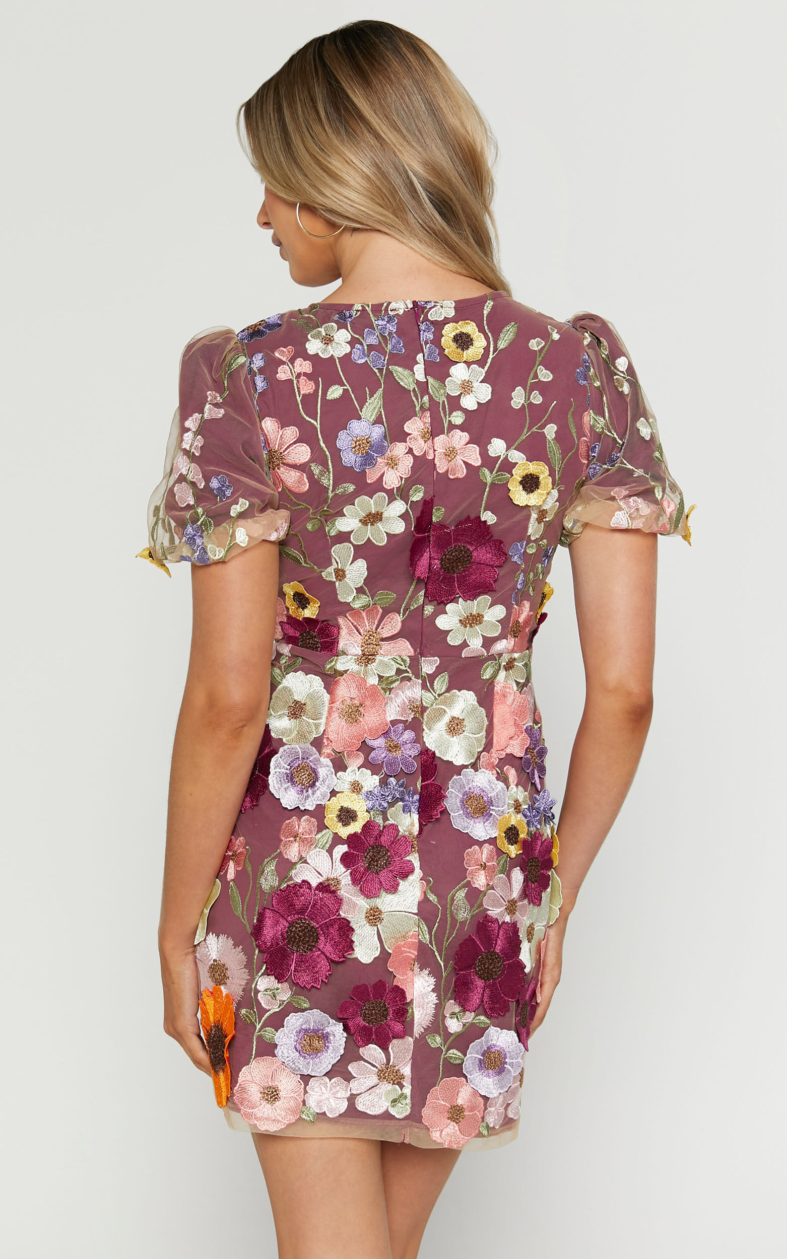 Wren Mini Dress - Puff Sleeve Bodycon 3d Garden Flowers Dress in Burgundy