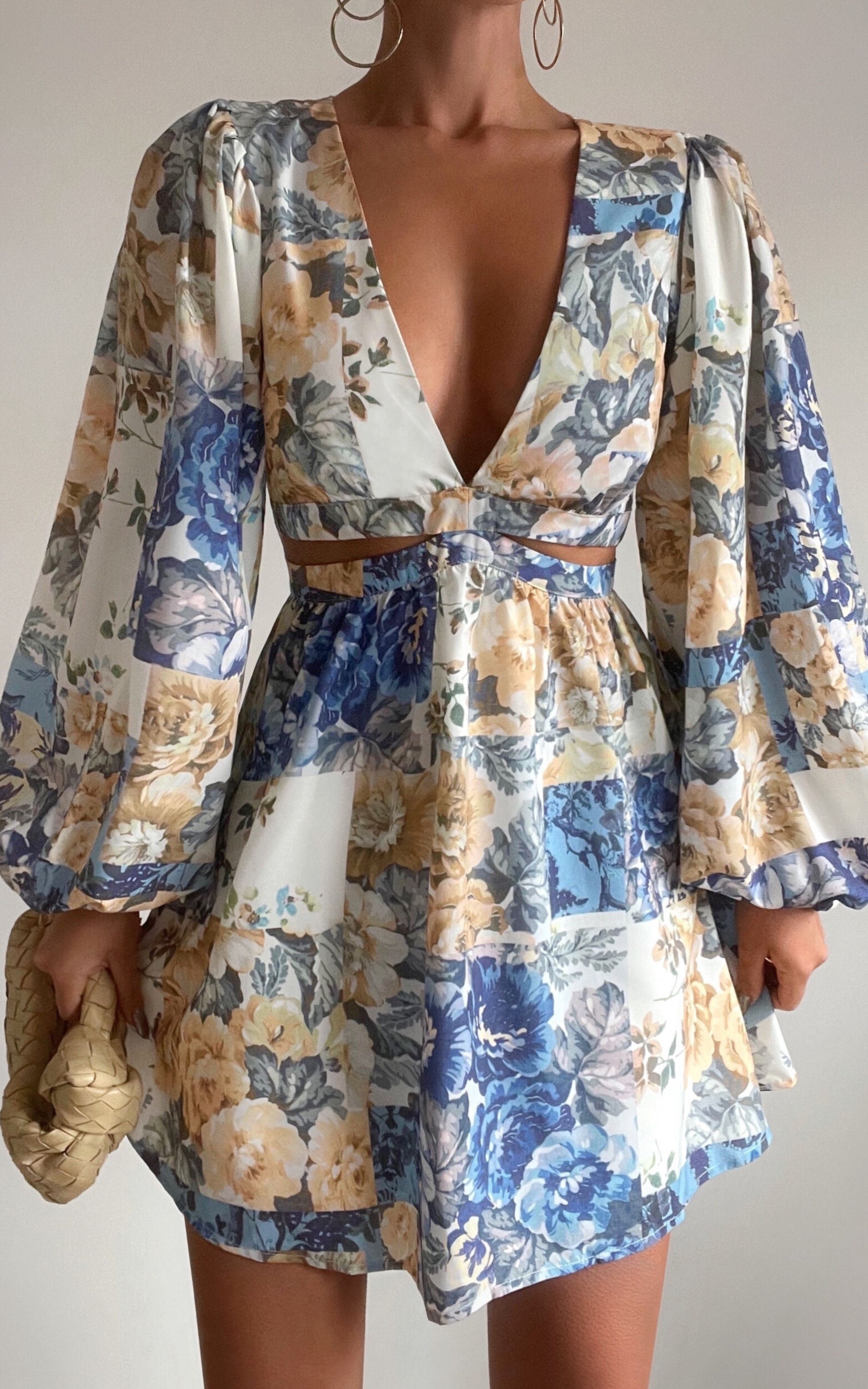 Emily Mini Dress - V Neck Long Sleeve Cut Out Dress in Patchwork Floral